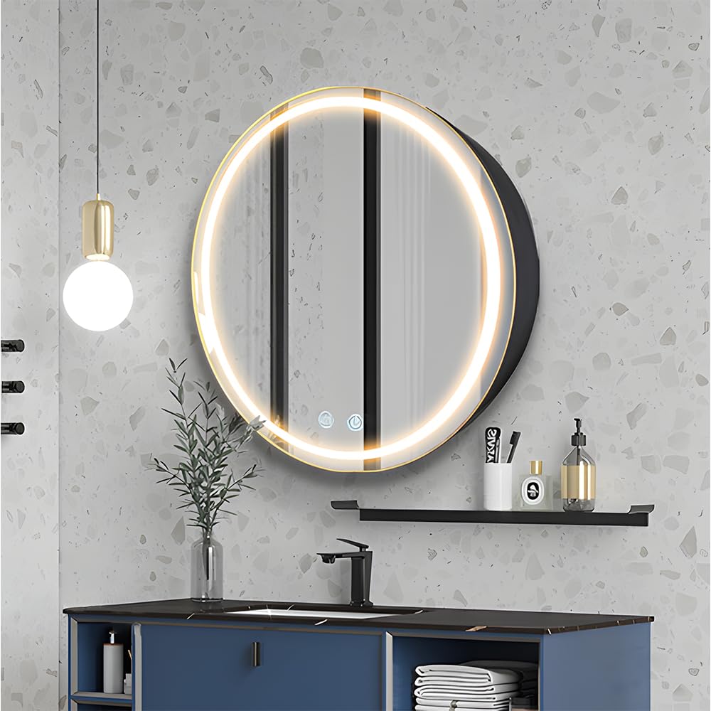 Janboe 51cm Round Mirror Cabinet with Lights,with Defogger,Dimmable,Anti-Fog,3 Colors,Black