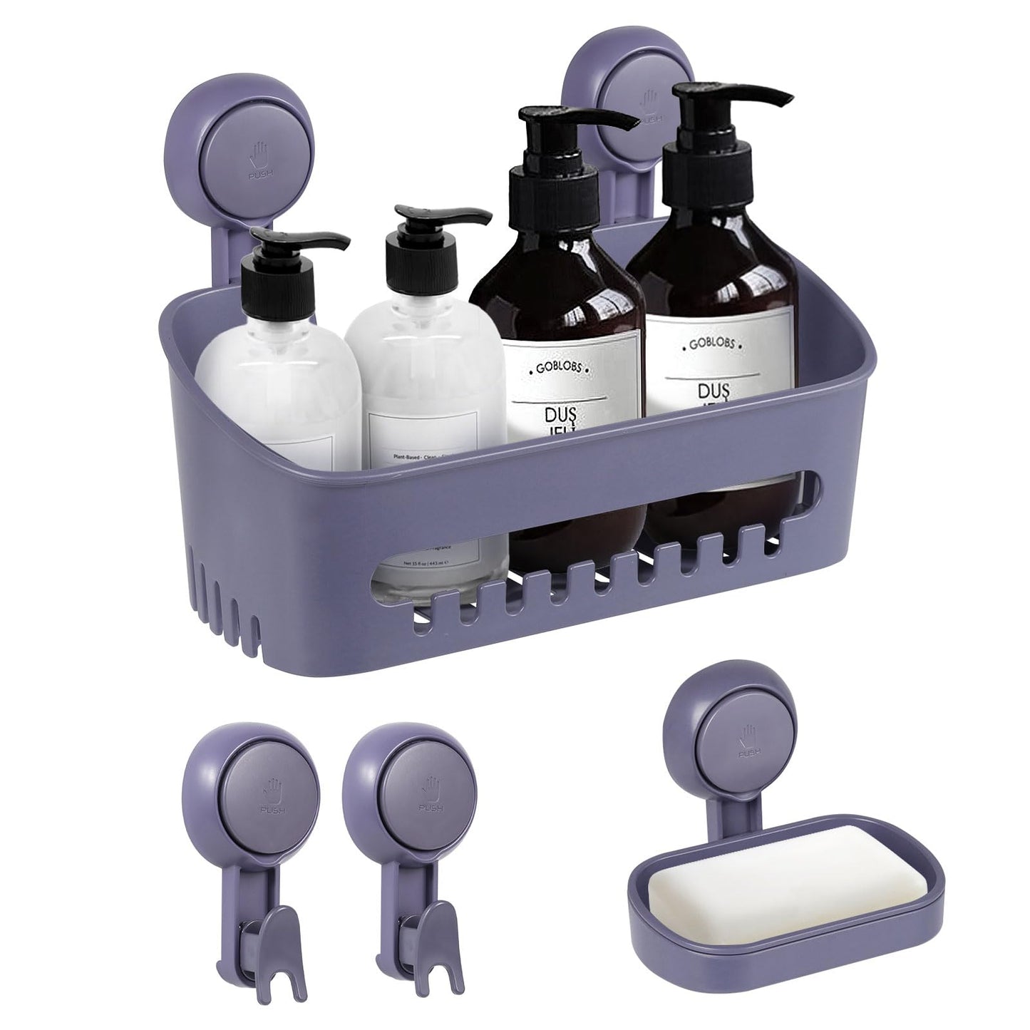Uten Suction Cup Shower Caddy, Soap Dish, Bathroom Hook -Drill-Free Storage Basket, Removable Shower Shelf Storage Basket, 4-in-1 Bathroom Set, Grey
