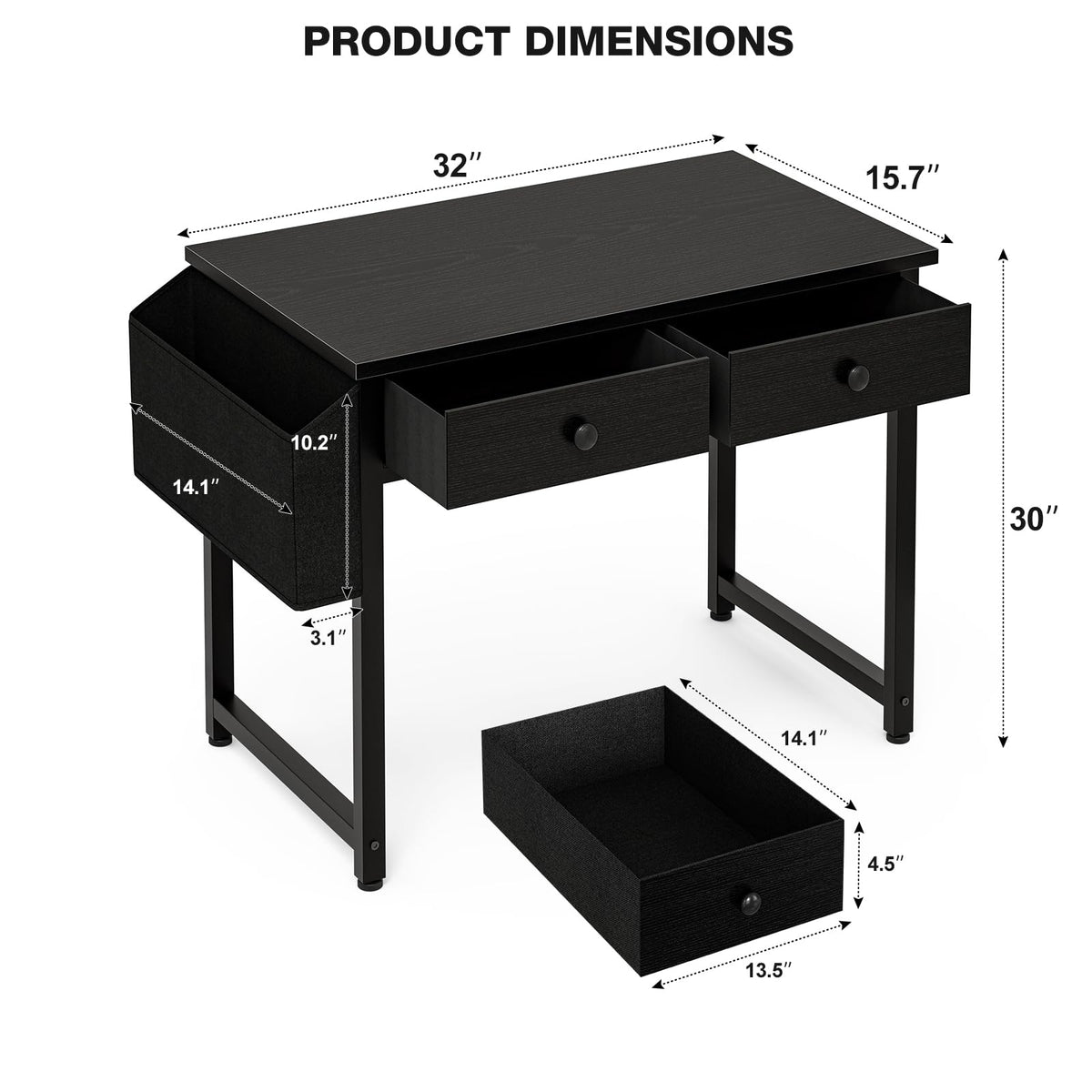 Grandder Small Computer Desk with 3 Fabric Drawers, 100 x 40 cm Home Office Desk with Storage Bags and Drawers