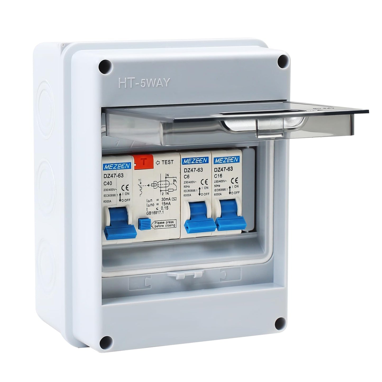 2 Way Garage Consumer Unit, IP65 Protection Garage Caravan Consumer Unit, 40A 30mA RCD 2MCB 6A+16A, Circuit Breaker, Anti-Leakage Fuse Box for