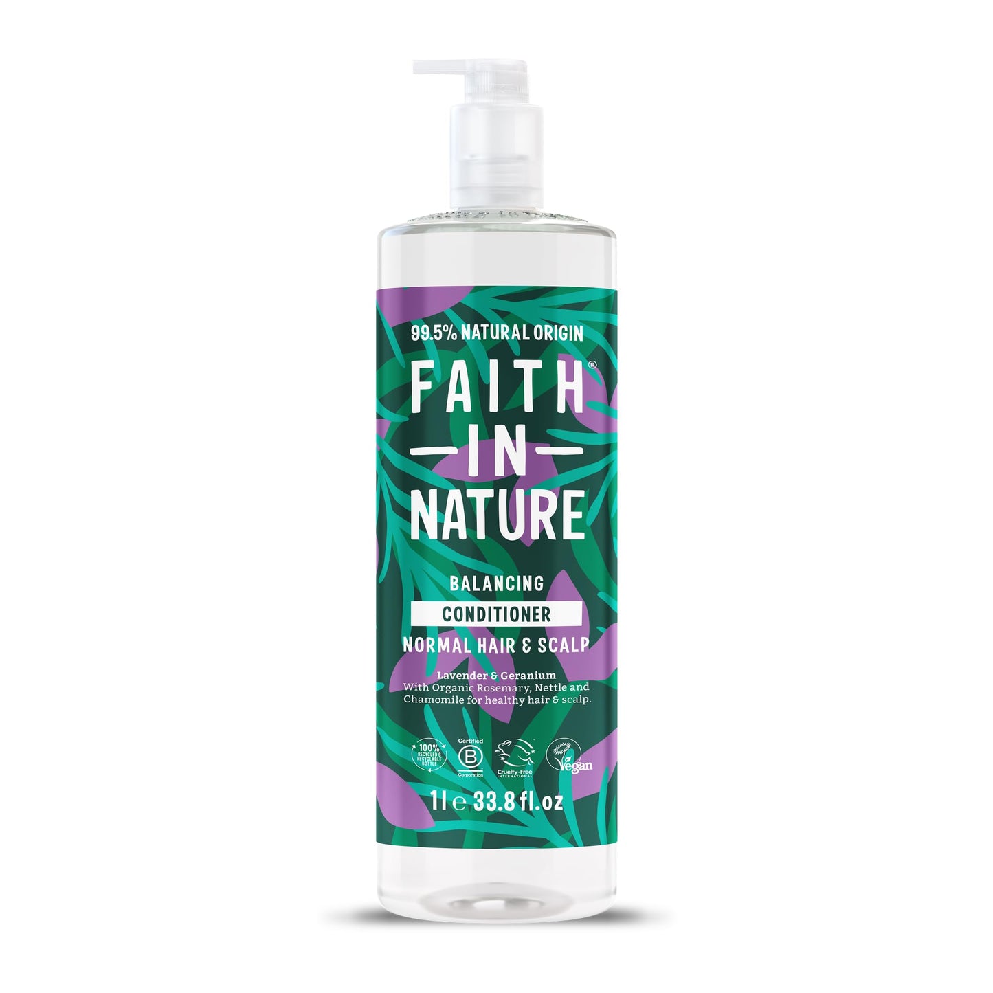 Faith In Nature 1L Natural Lavender & Geranium Conditioner, Balancing for Normal Hair & Scalp, Vegan & Cruelty Free, No SLS, Silicones or Parabens,
