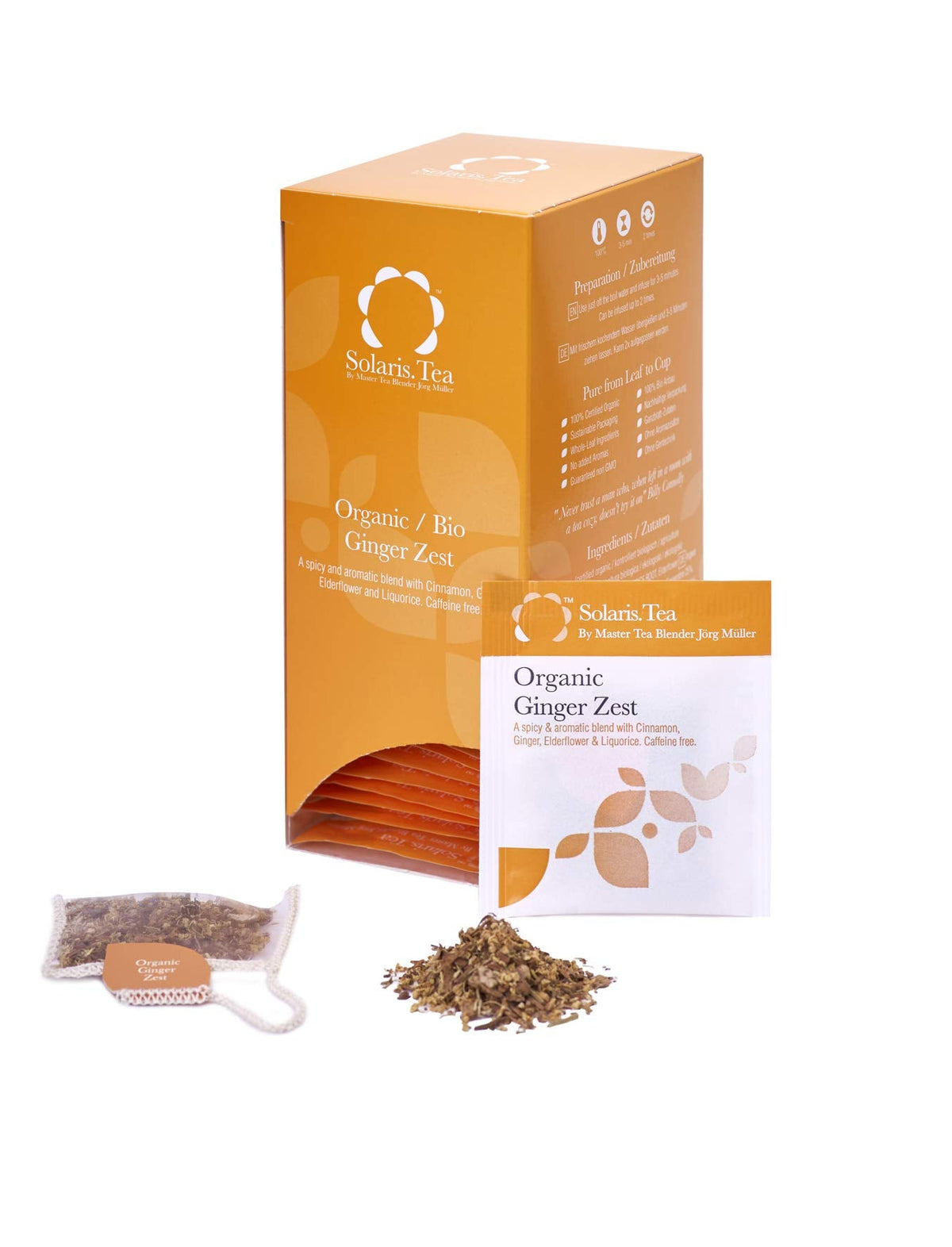 Solaris Tea - Organic Ginger Zest | 100% Organic Whole Leaf Tea | Certified Vegan | 40x Biodegradable Stitched Teabags, (1 x 80 g)