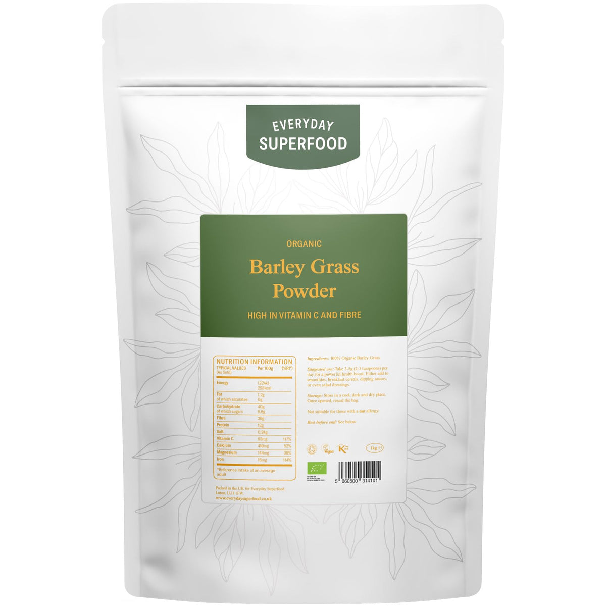 Everyday Superfood Organic Barley Grass Powder 1kg, European Grown Barleygrass, Ideal in Juice and Smoothies, Certified Vegan and Kosher