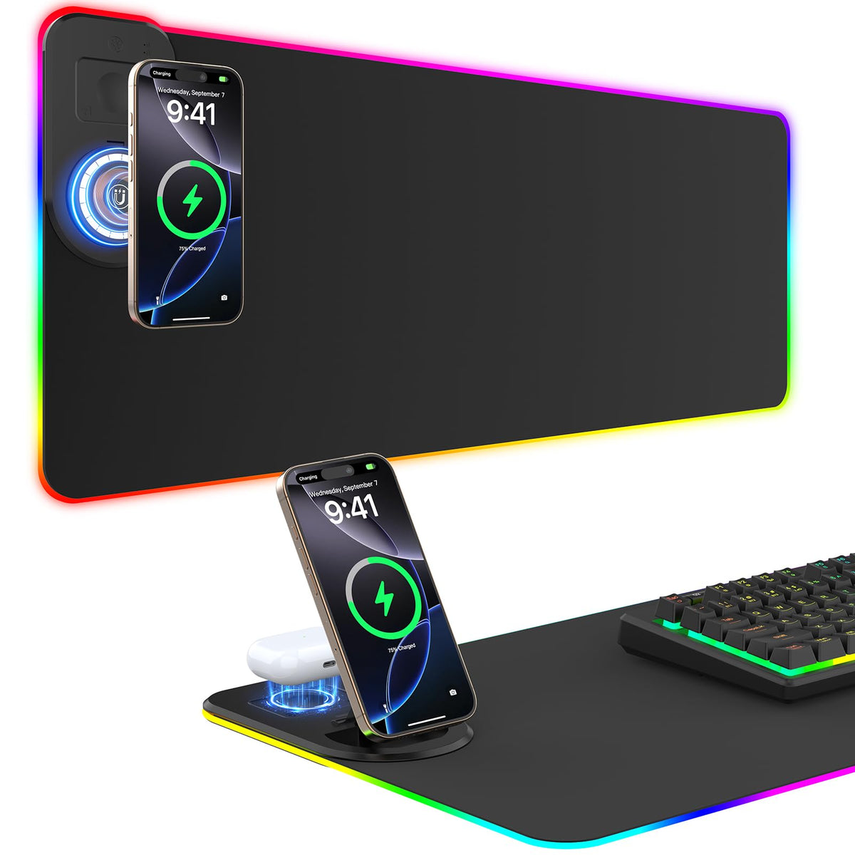 GIM Wireless Charging RGB Gaming Mouse Pad 15W, LED Mouse Mat 800x350x4MM, 10 Light Modes Extra Large Mousepad Non-Slip Rubber Base Computer Keyboard