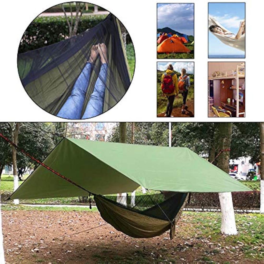 Oversized rain rope tarp and camping hammock with mosquito net, portable single double hammock with tree strap hammock set for camping, backpacking hikes, outdoor backyard