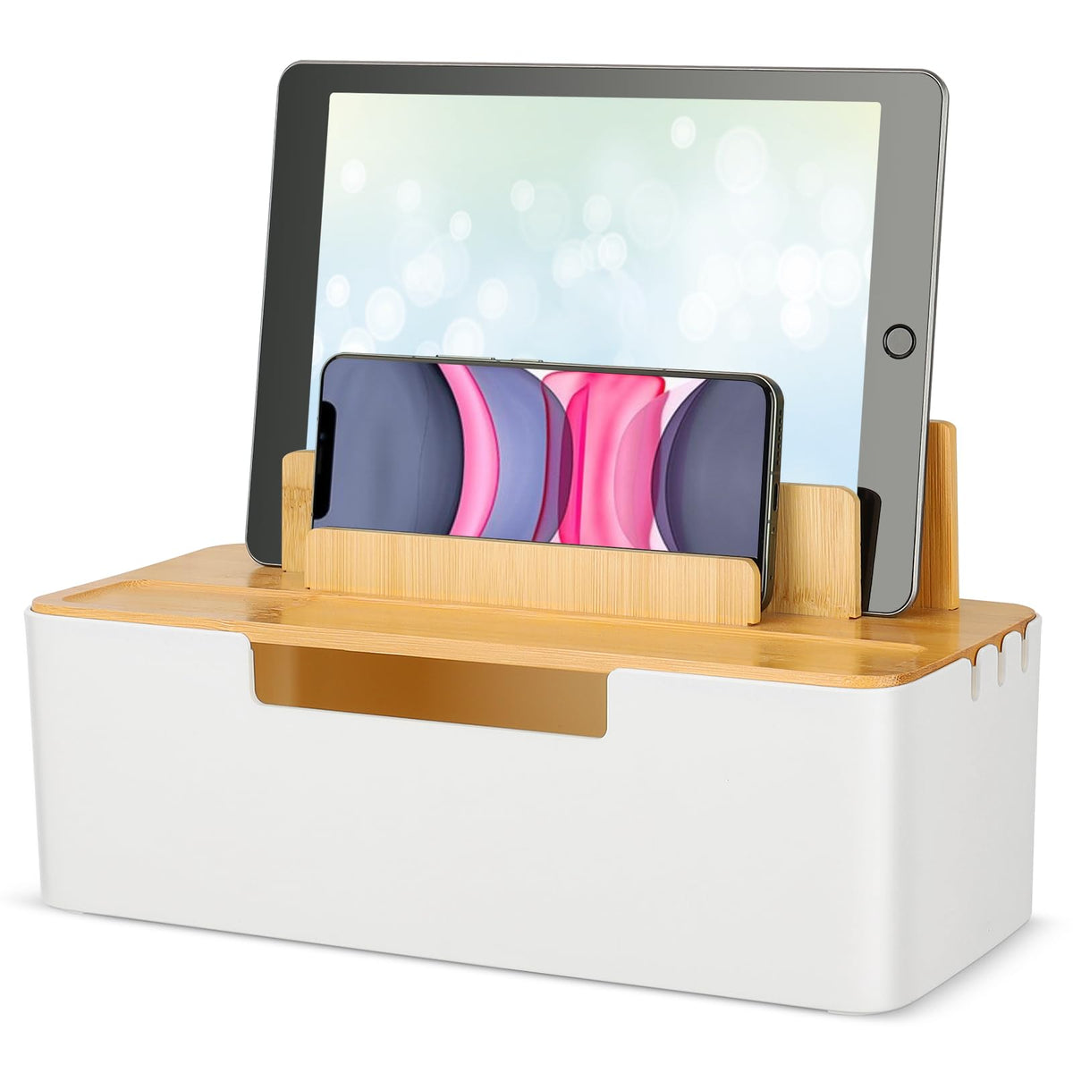 CRROEL Cable Tidy Box,Cable Management Box with Dual-purpose Lid for Phones/Tablets/Smartwatches/Book, Desktop Cord Organizer for Tidy Workspace
