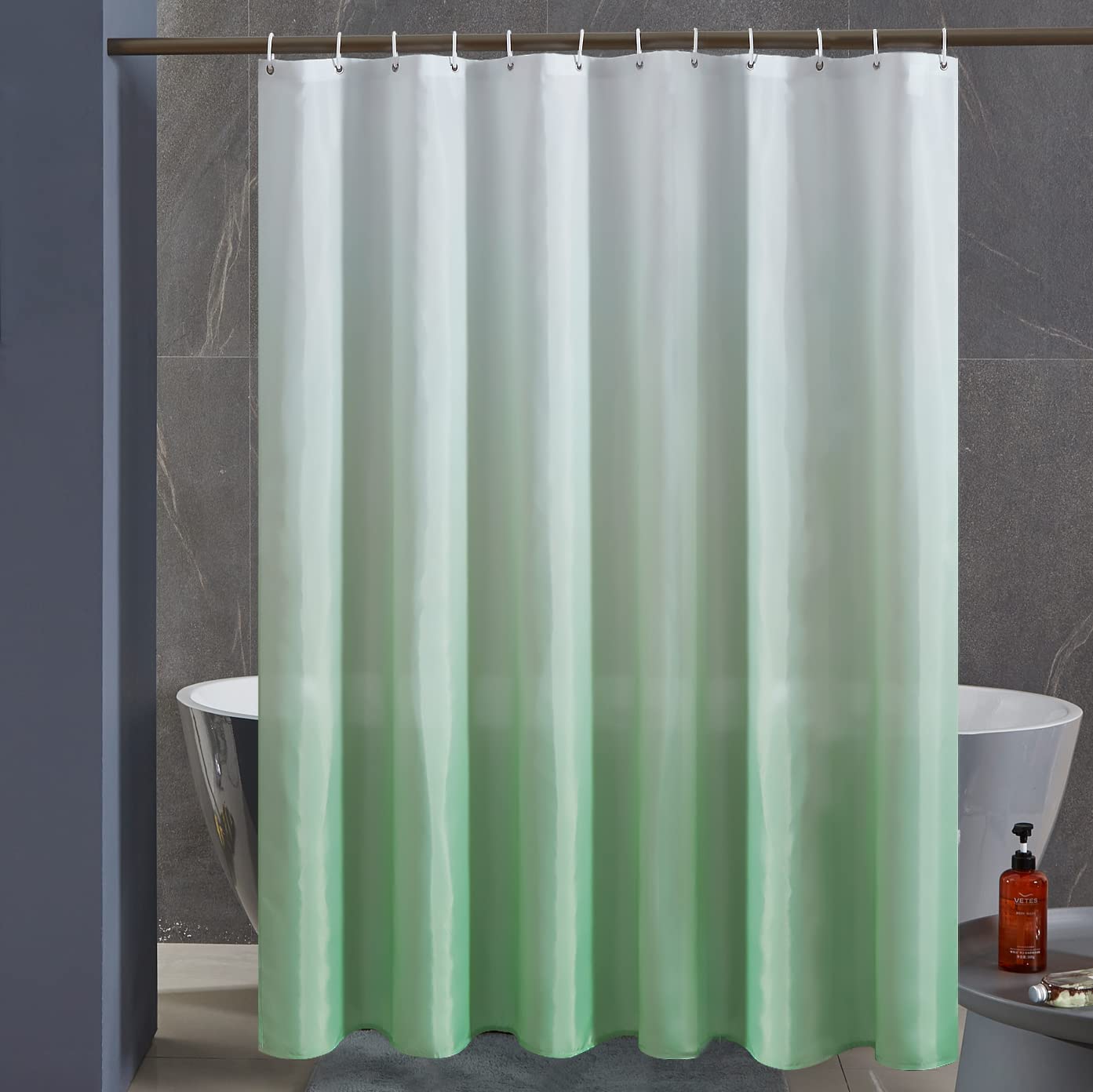 Furlinic Shower Curtain Mould Proof Polyester Fabric Wetroom Bath Curtains Waterproof Machine Washable with 12 Hooks for Bathroom White to Light Green