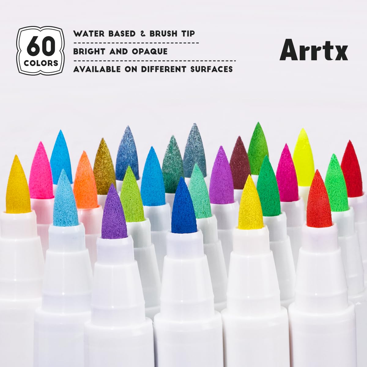 Arrtx 60 Colours Acrylic Markers Paint Pens, Paint Marker Pens Brush Tip,Permanent Rock Painting Pens for Wood, Canvas, Stone, Rock Painting, Glass,