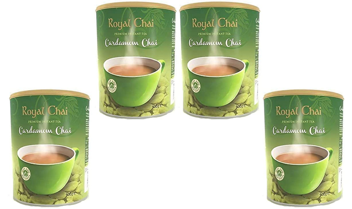 Royal Chai Elaichi Unsweetened Tub 400g (Pack of 4) ? Premium Instant Tea ? Cardamom Tea ? Natural ? Instant Cardamom Indian Tea