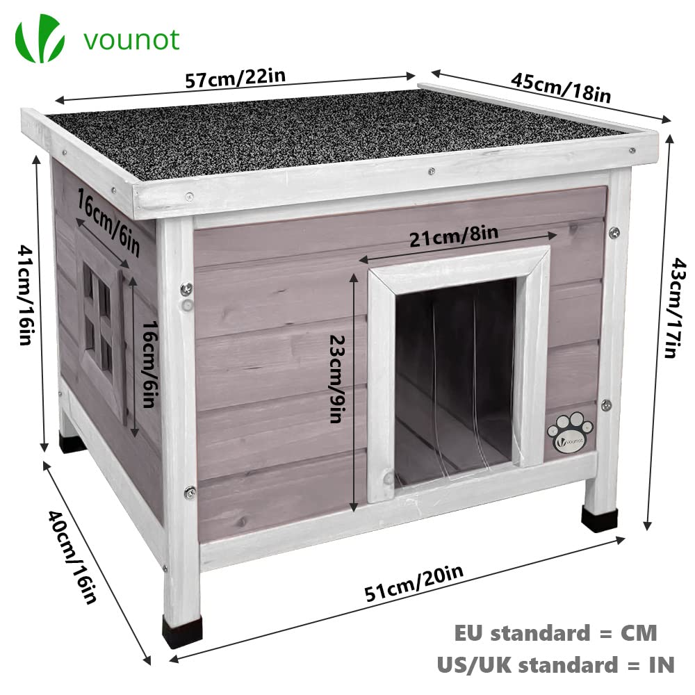 VOUNOT? Cat House Garden Wooden Kitten Home with Water-resistant Openable Roof, Privacy Window Outdoor Pet Shelter 57x45x43cm, Grey