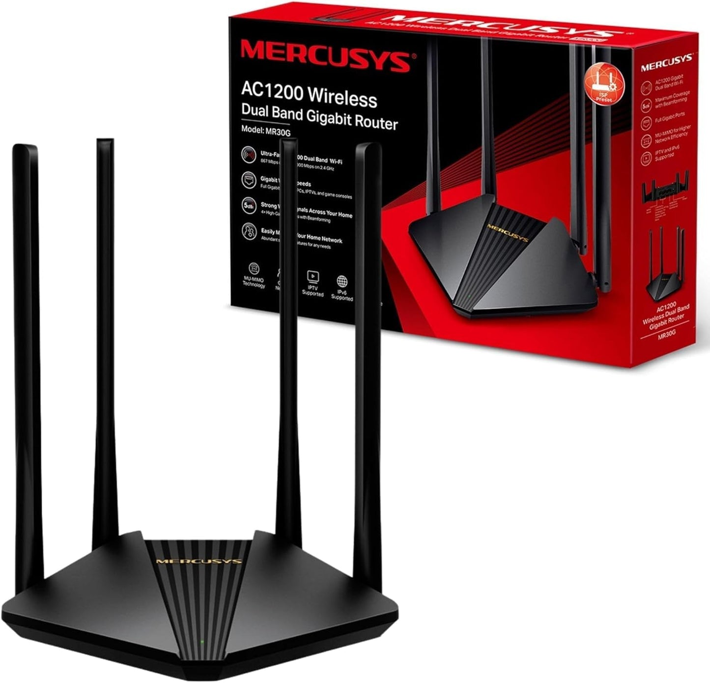 MERCUSYS MR30G AC1200Mbps Dual Band Gigabit WiFi Router, Speed up to 1.2Gbps, Gaming Router with Full Gigabit Ports for Xbox, PS4, PCs, IPTV and IPv6