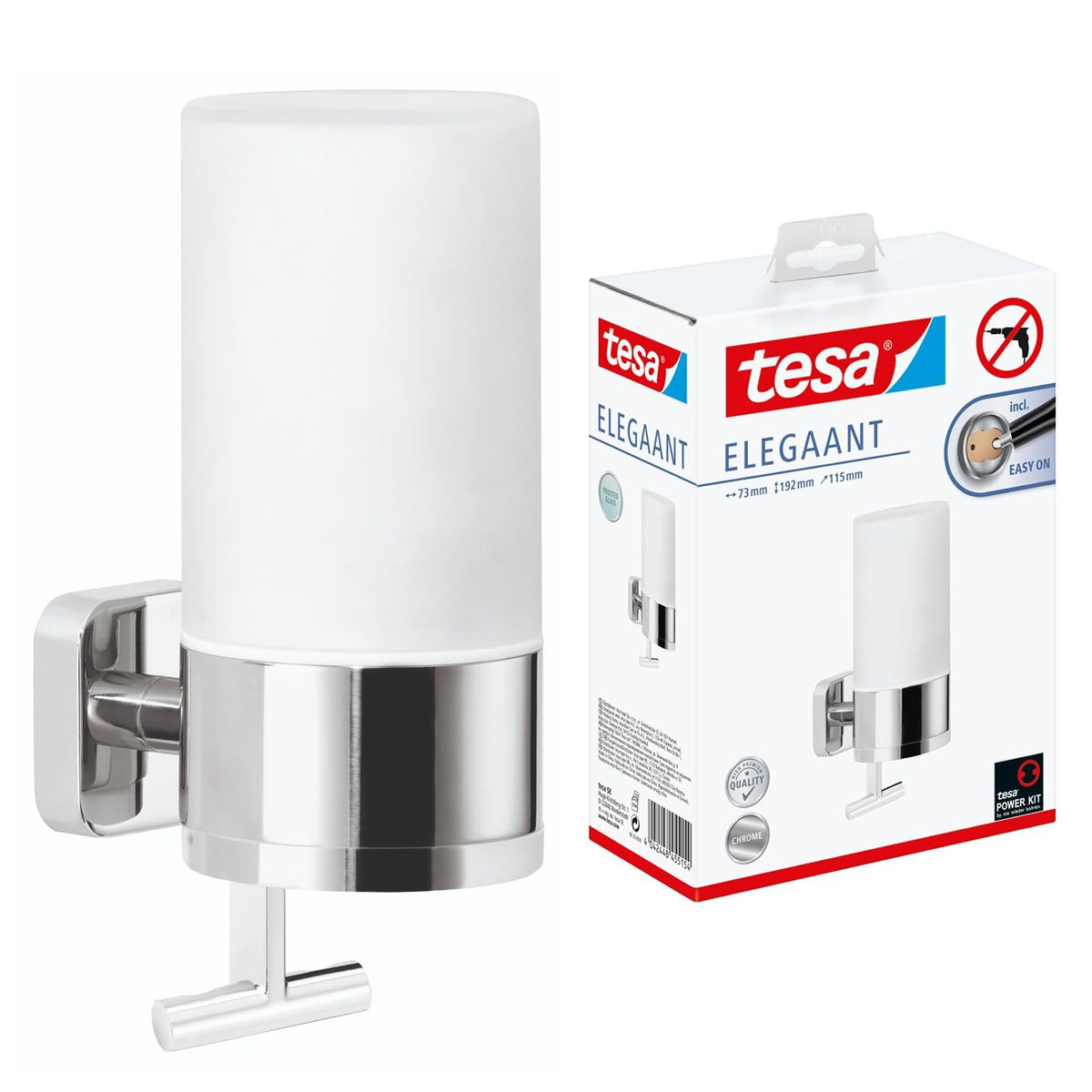 tesa ELEGAANT Soap Dispenser 230 ml - Self-Adhesive Hand Soap Dispenser in White Frosted-Glass Design with Pull Function - Waterproof, incl. Power.Kit
