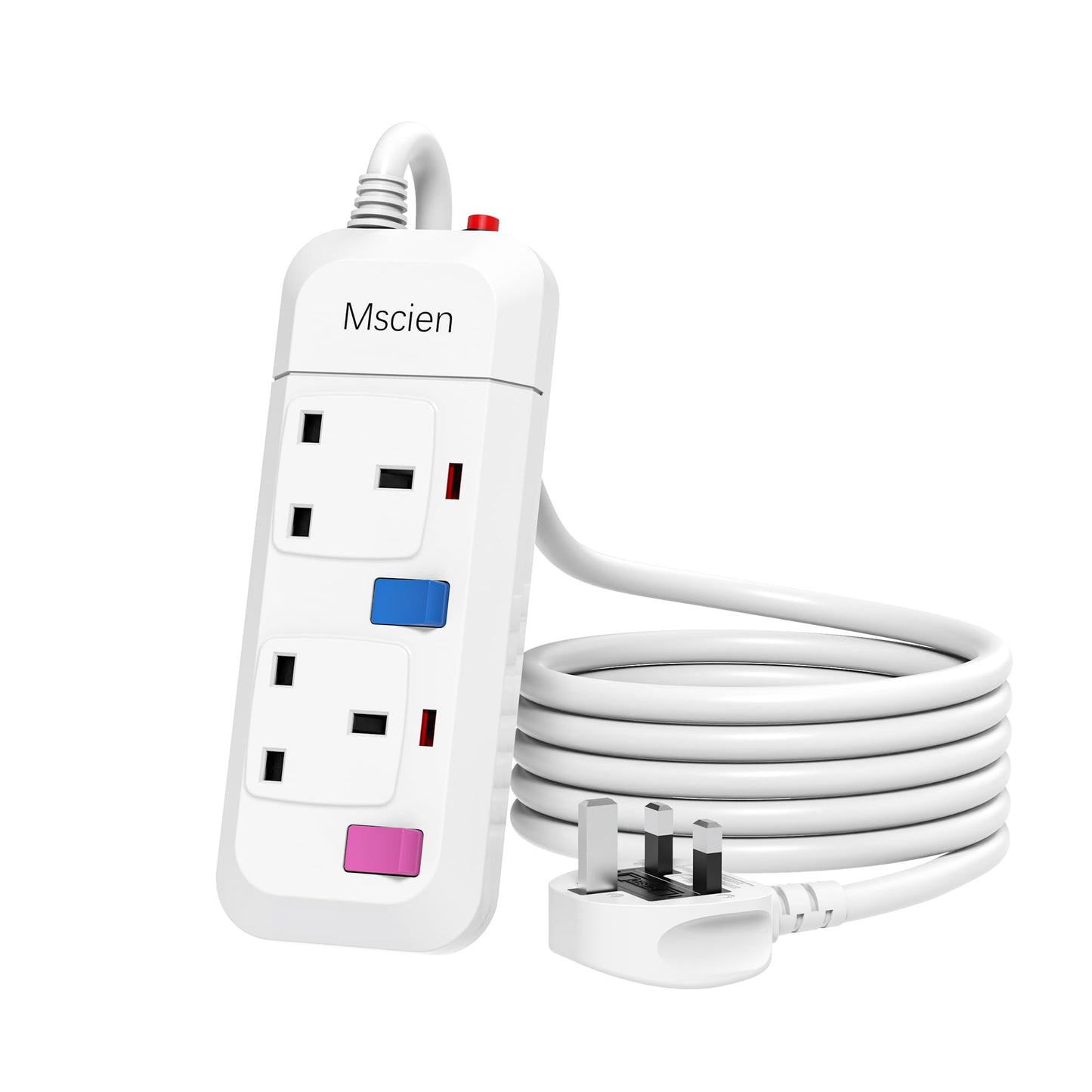 Mscien 3M Extension Lead 2 Way Plug Sockets with Individual Switches Overload Protected Power Strip Wall Mountable 3 Metre Extension Cable