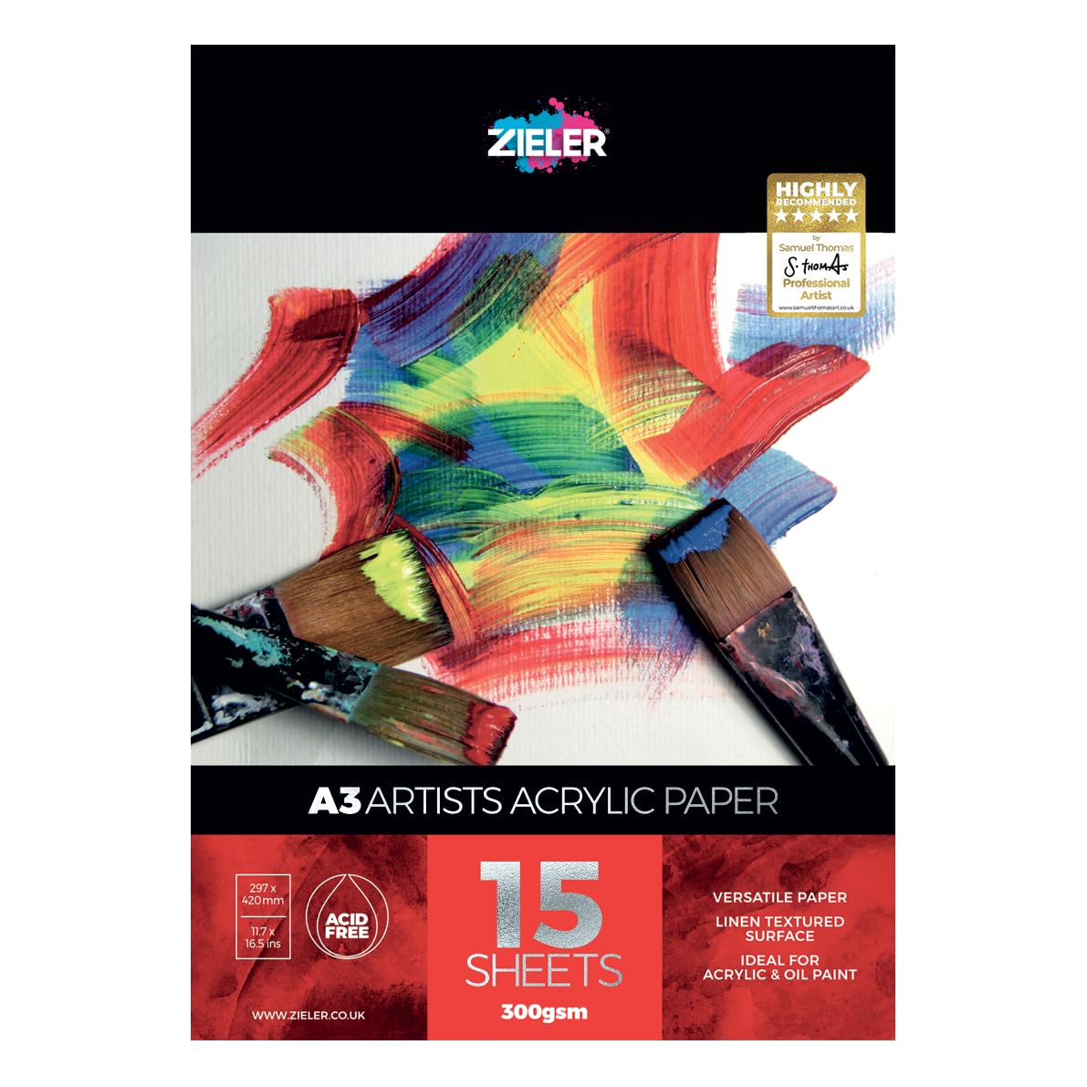 Acrylic Painting Pad - 300gsm Paper, 15 Sheets - by Zieler? Linen Textured Surface & Acid Free. Ideal for Acrylic Painting. (A3)