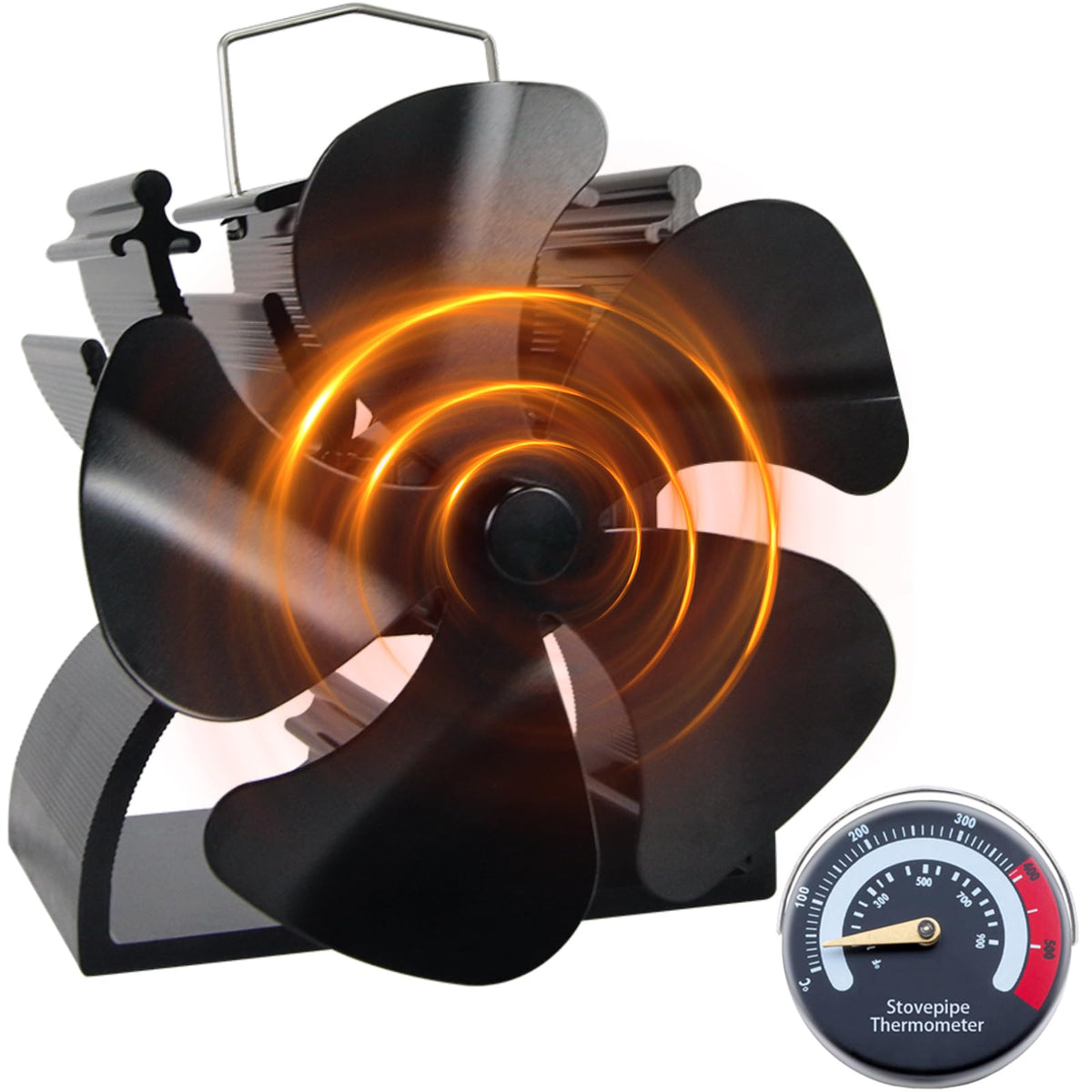 HAWCAFU 4.9inches/12.5cm Mini Stove Fan Log Burner Fan, 5 Blades Small Woodburner Fan with Stove Thermometer Suitable for Small Space on Wood/Log