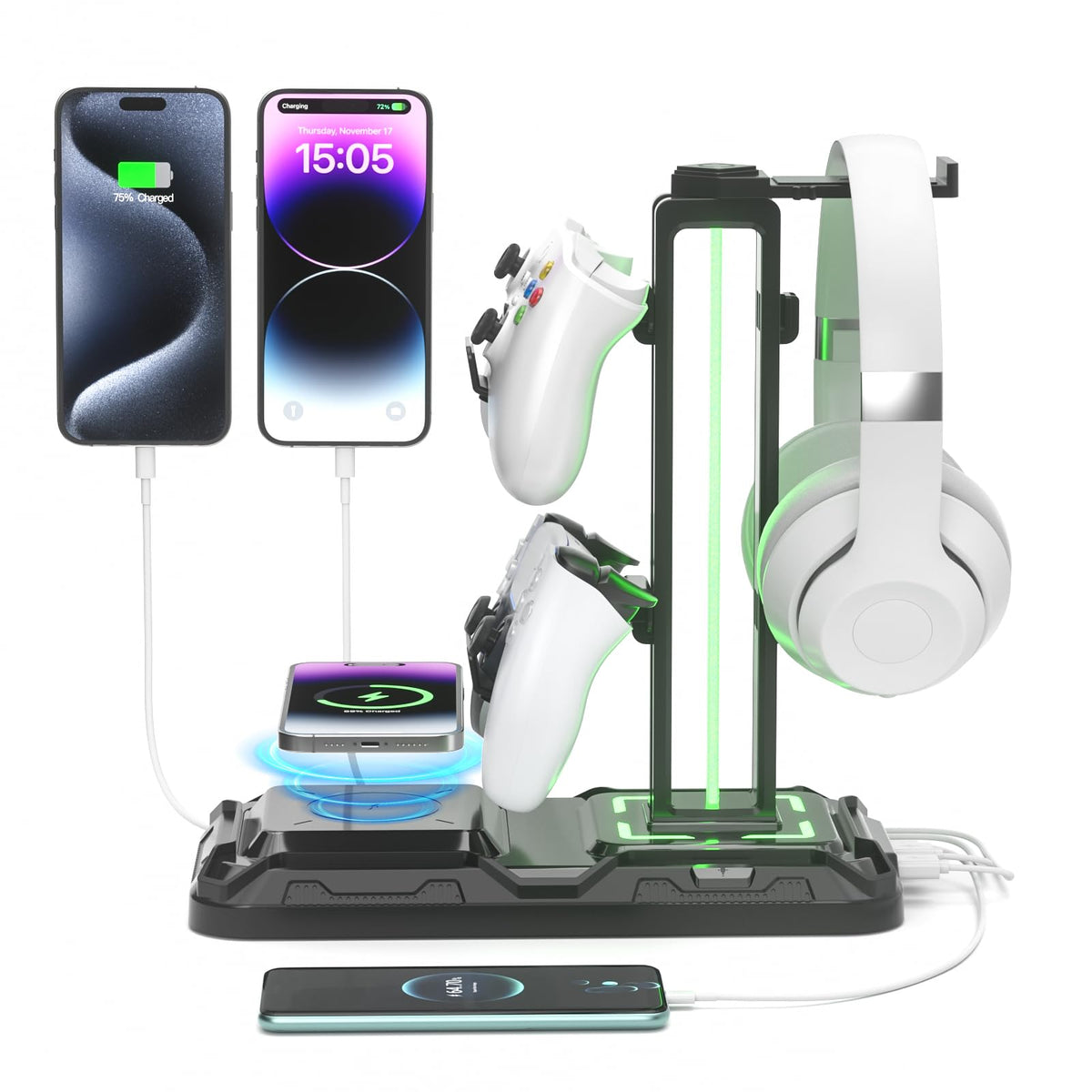 KDD Headphone Stand - Rotatable Controller Holder with Wireless Charging & 9 Light Modes, Gaming Headset Stand with 2 USB and Type C Ports -