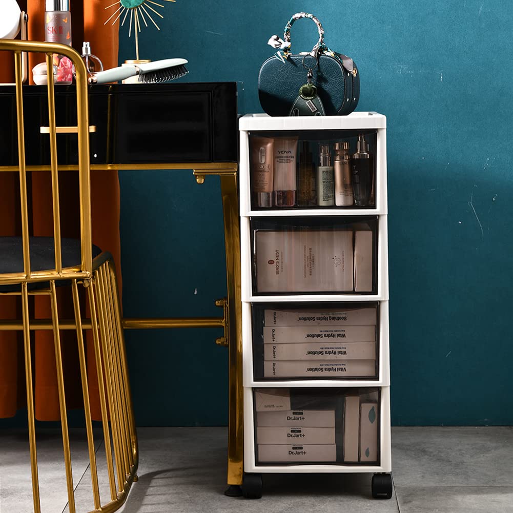 BAKAJI Space-Saving Chest with Drawers Shelves Storage Clear Polypropylene Trolley with 4 Wheels and Sturdy White Structure, Multi-Purpose Organizer