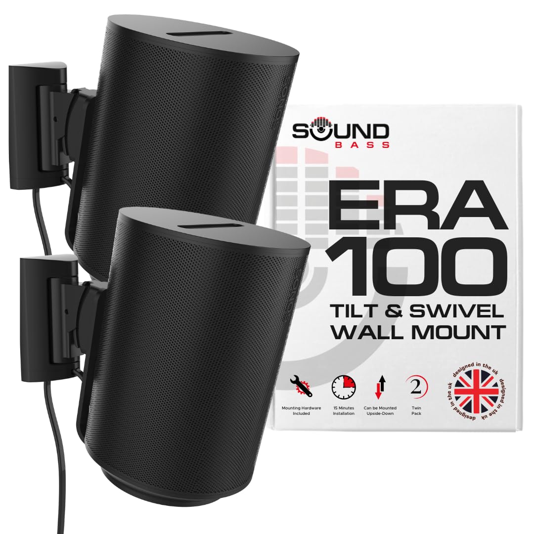 Sound bass ERA100 Wall Mount Bracket, Tilt and Swivel, Black, Twin (2pcs), Compatible with Sonos ERA 100, Effortless Installation, Includes Mounting