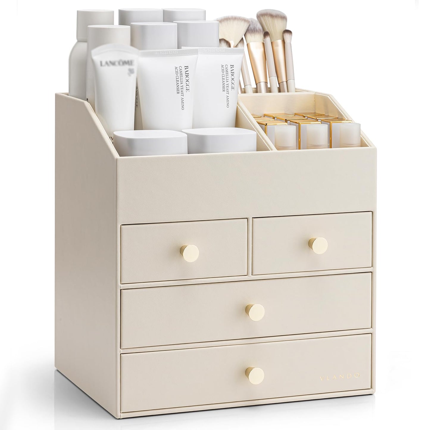 Vlando Makeup Organiser, Large Capacity Dressing Table Organiser,Cosmetic Organiser with 4 Drawer,Faux Leather Vanity Organiser for Lipstick,Jewellery