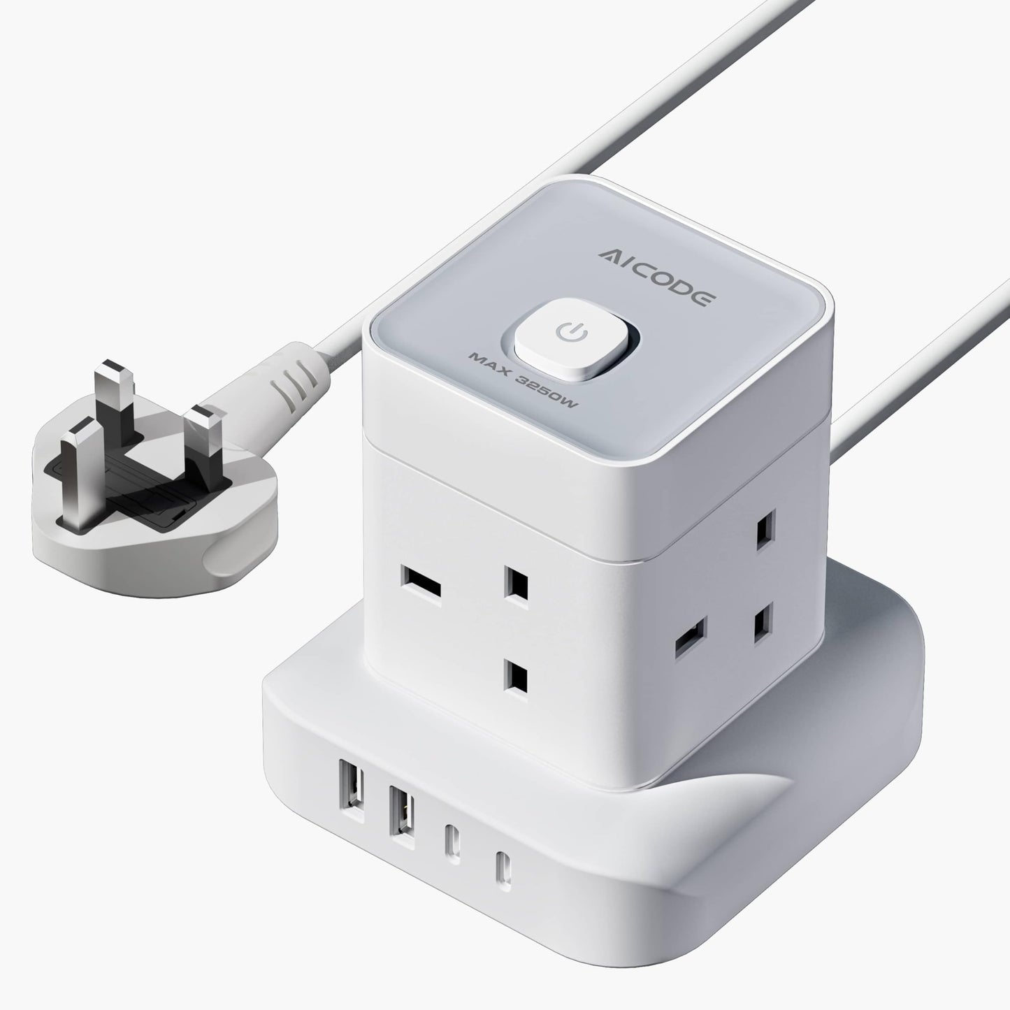 AICODE Cube Extension Lead with USB Slots,4 Way Multi Plug Extension Socket Tower with 2 USB C & 2 USB A Ports,Overload Protected Extension Lead with