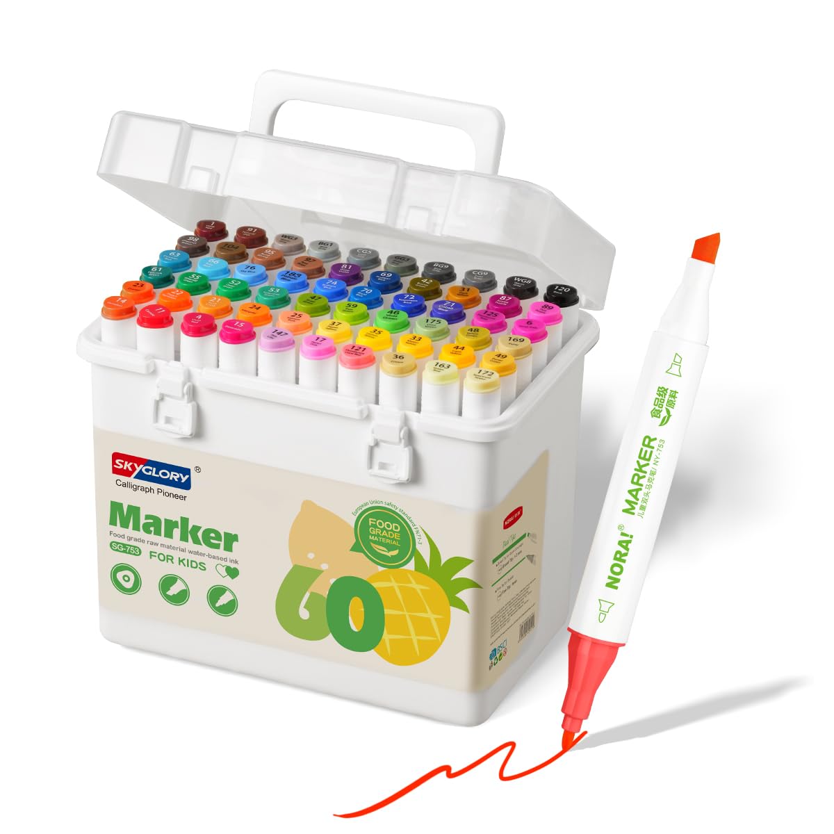 SKYGLORY 60 Colours Washable Art Marker Set, Water Based Colouring Drawing Lettering Marker Pens, Dual Nib Felt Tip Pens for Beginner Artists Supplies