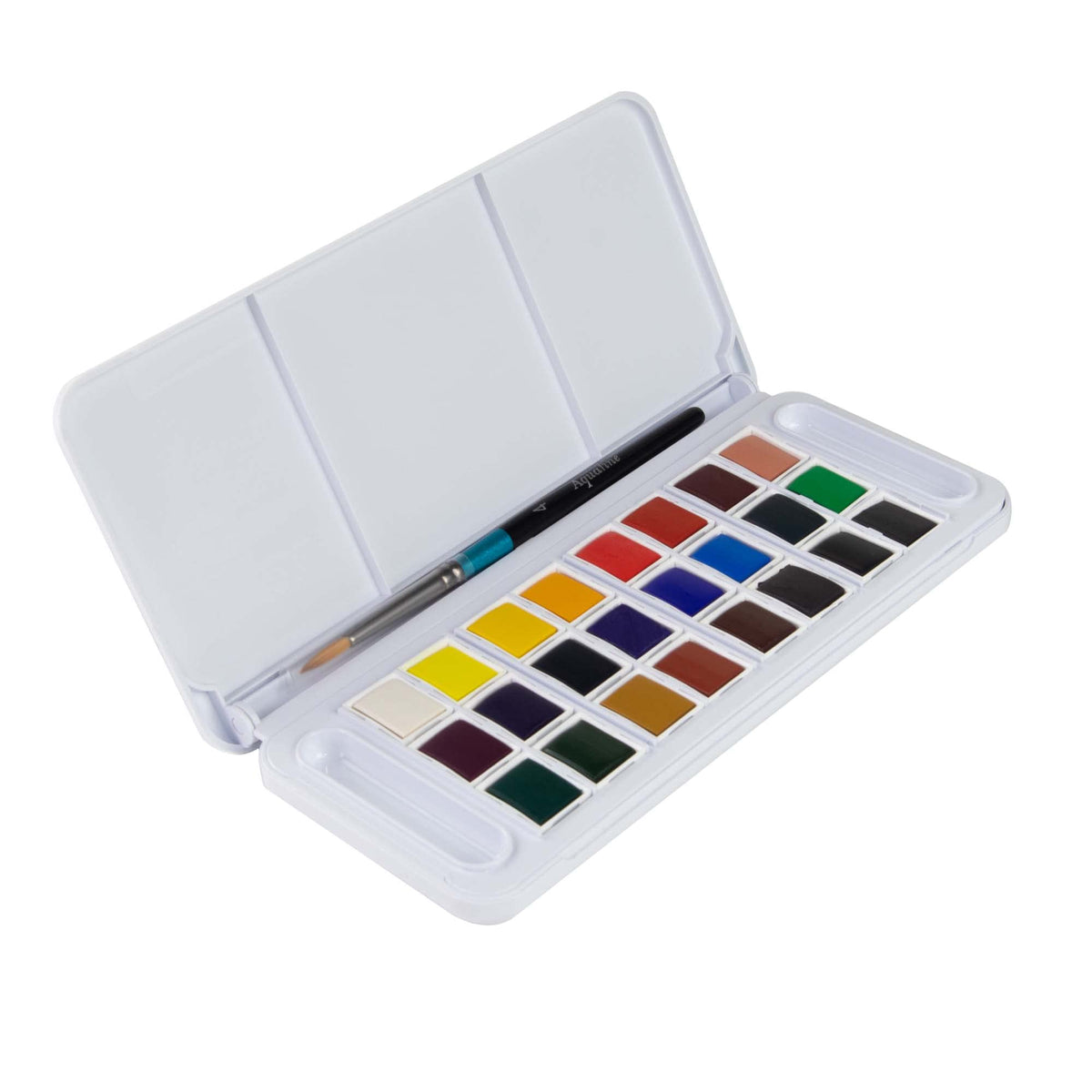 Daler-Rowney Aquafine Watercolour Travel Half Pan Paint Set, 24 Assorted Colours + 1 Watercolour Brush, Ideal for Professional Artists