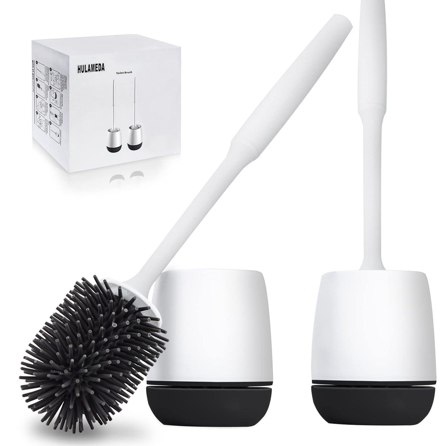 Hulameda Toilet Brush and Holder 2 Pack, Silicone Toilet Cleaning Brush with Quick Drying Holder, 4 x 5.5 Inches, Black & White, (Flooring/Mounted