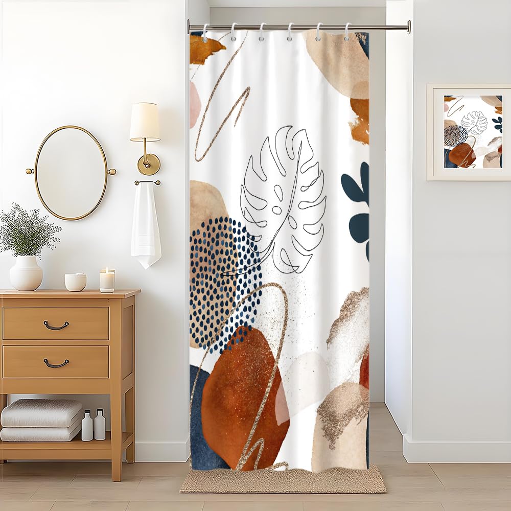 Abstract Stall Shower Curtain, Uiiooazy Boho Mid Century Blue Leaves Terracotta Geometric Pattern Bath Curtain Anti Mildew Waterproof Polyester Fabric