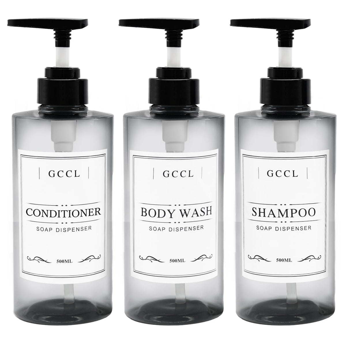 3 Pack Refillable Shampoo and Conditioner Dispenser - 500ml Plastic Empty Soap Dispenser for Shower Gel, Reusable Body Wash Liquid Bottle Pump
