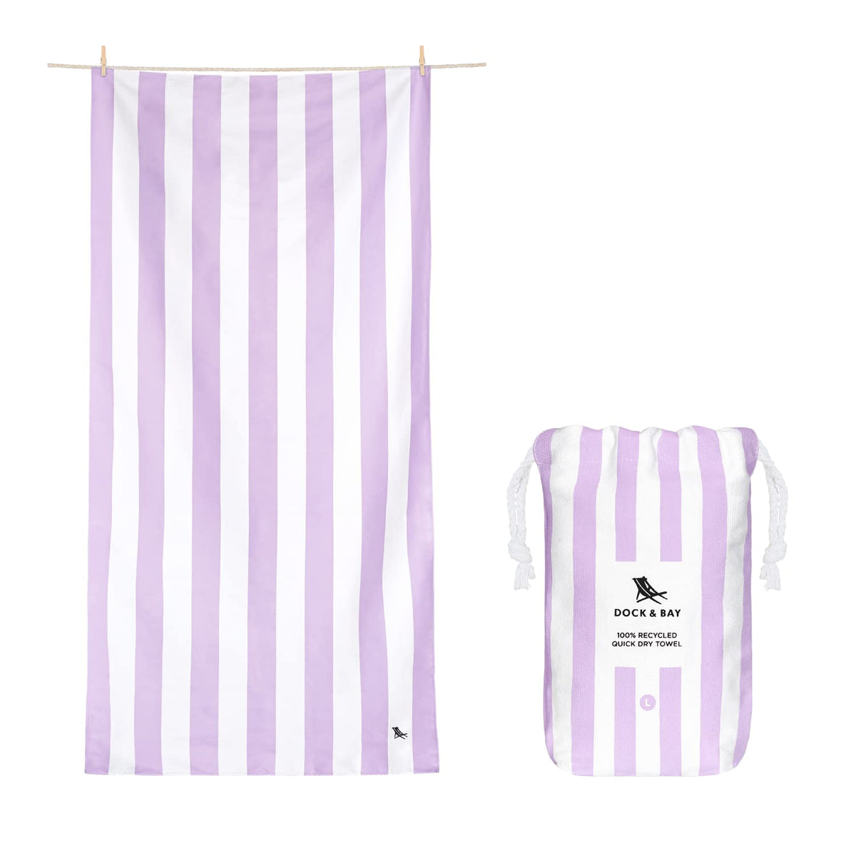 Dock & Bay Beach Towel - Quick Dry, Sand Free - Compact, Lightweight - 100% Recycled - Includes Bag - Cabana Light - Lombok Lilac - Large (160x90cm,