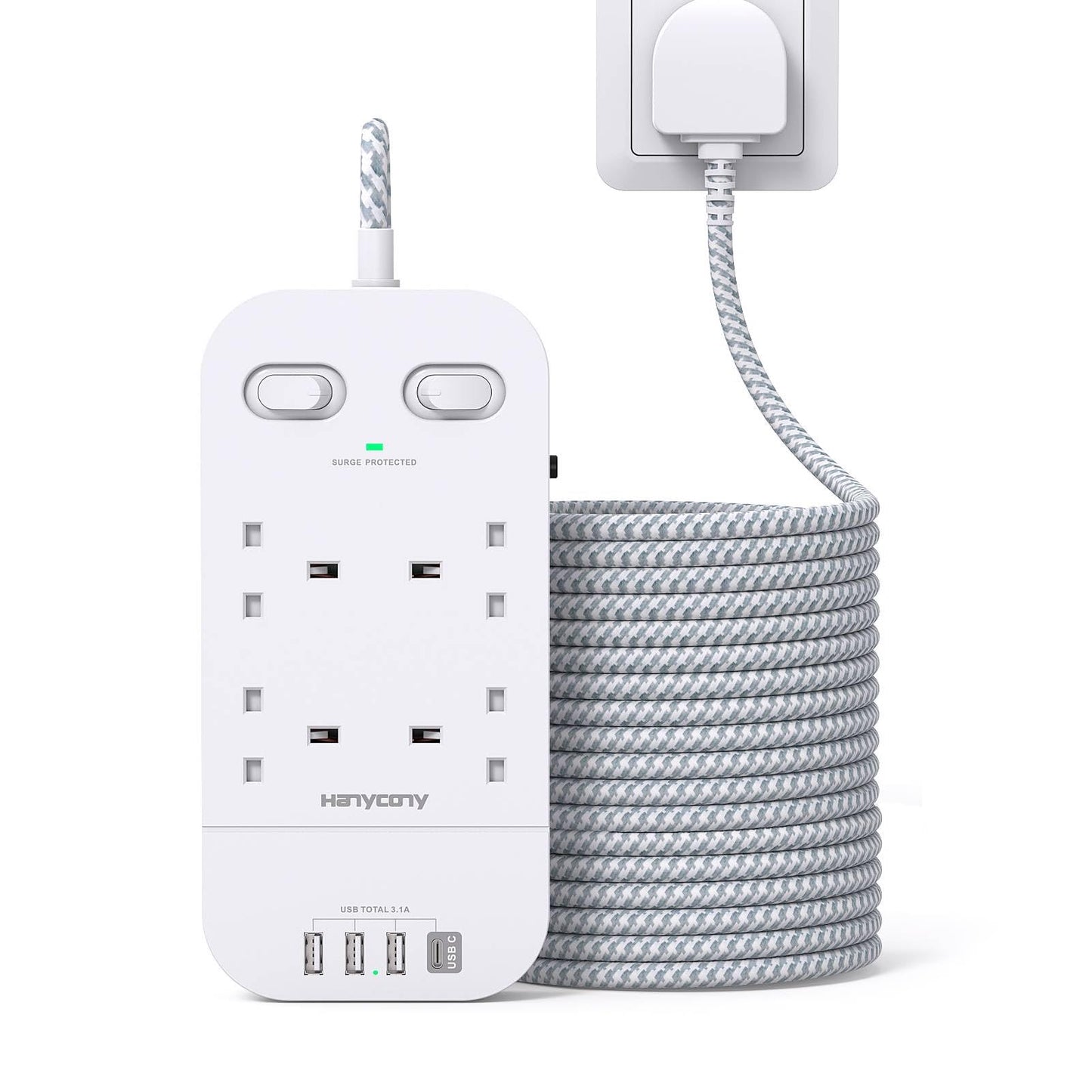 Extension Lead 5M, 4 Way Surge Protected Power Strip with USB C Slots, Extension Cable with Double Switches, Plug Extension Socket 5M Braided