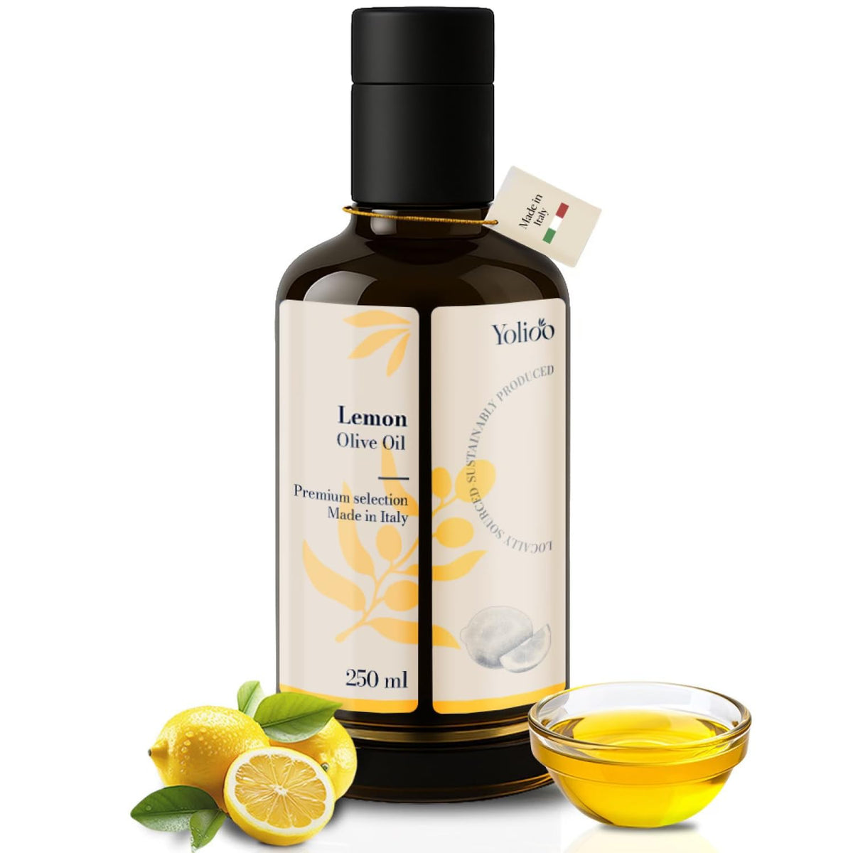 YOLIOO 100% Fresh Lemon Oil | Cold Pressed with Extra Virgin Olive Oil | Made in Italy | Early Harvest High Polyphenols Lemon Olive Oil EVOO | 250ml