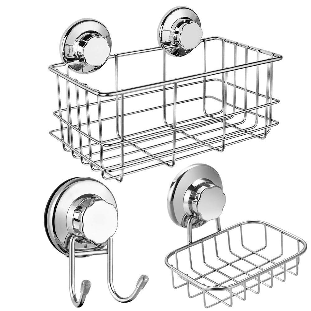 SANNO Suction Cups Shower Caddy Soap Dish Suction Hooks, Stainless Steel Bathroom Basket Bathroom Accessories Storage Organizer Wall Shelf Basket for