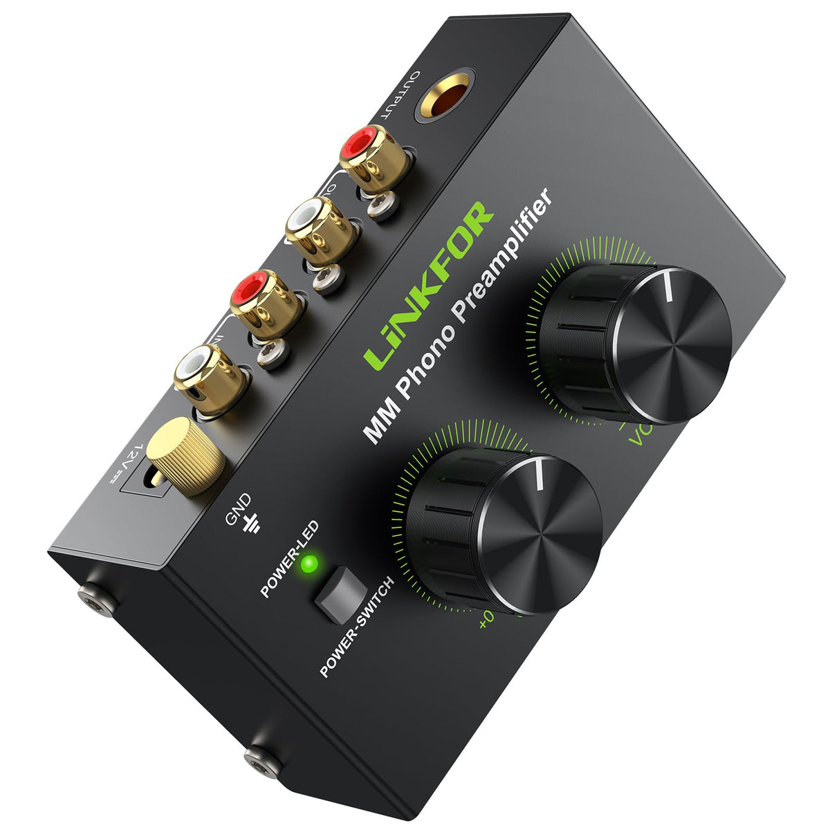 LiNKFOR Phono Preamplifier for MM Turntable - Compact Ultra-Low-Noise Phono Preamp with Gain Knob and Master Volume Knob, RCA + 6.35mm Output,