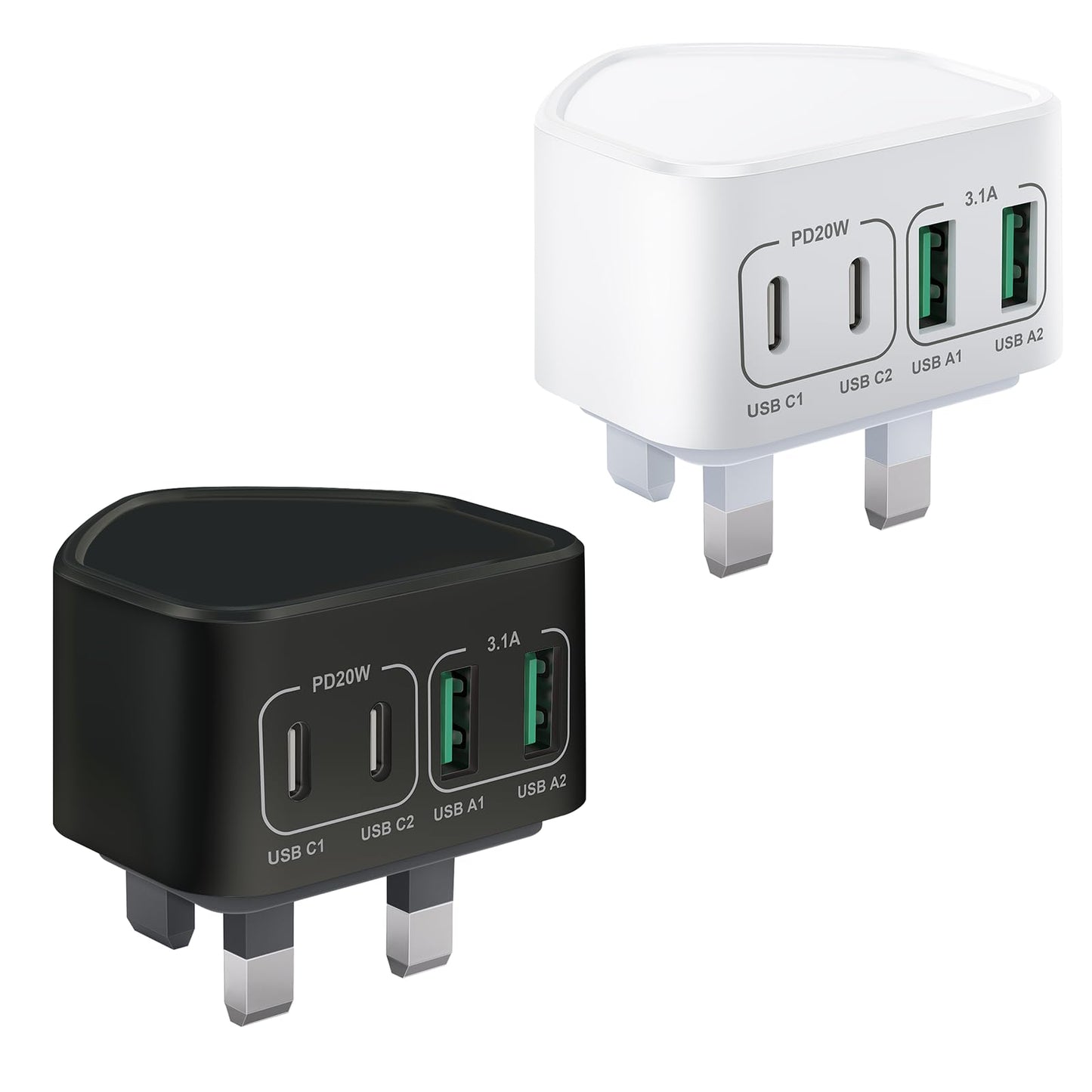 USB C Plug, 2-Pack 40W 4-Port Fast Charger Plug Adaptor UK for iPhone 17 16 15 14 13 12 Pro Pro Max Plus, Samsung, iPad, Dual PD Power Adapter + QC