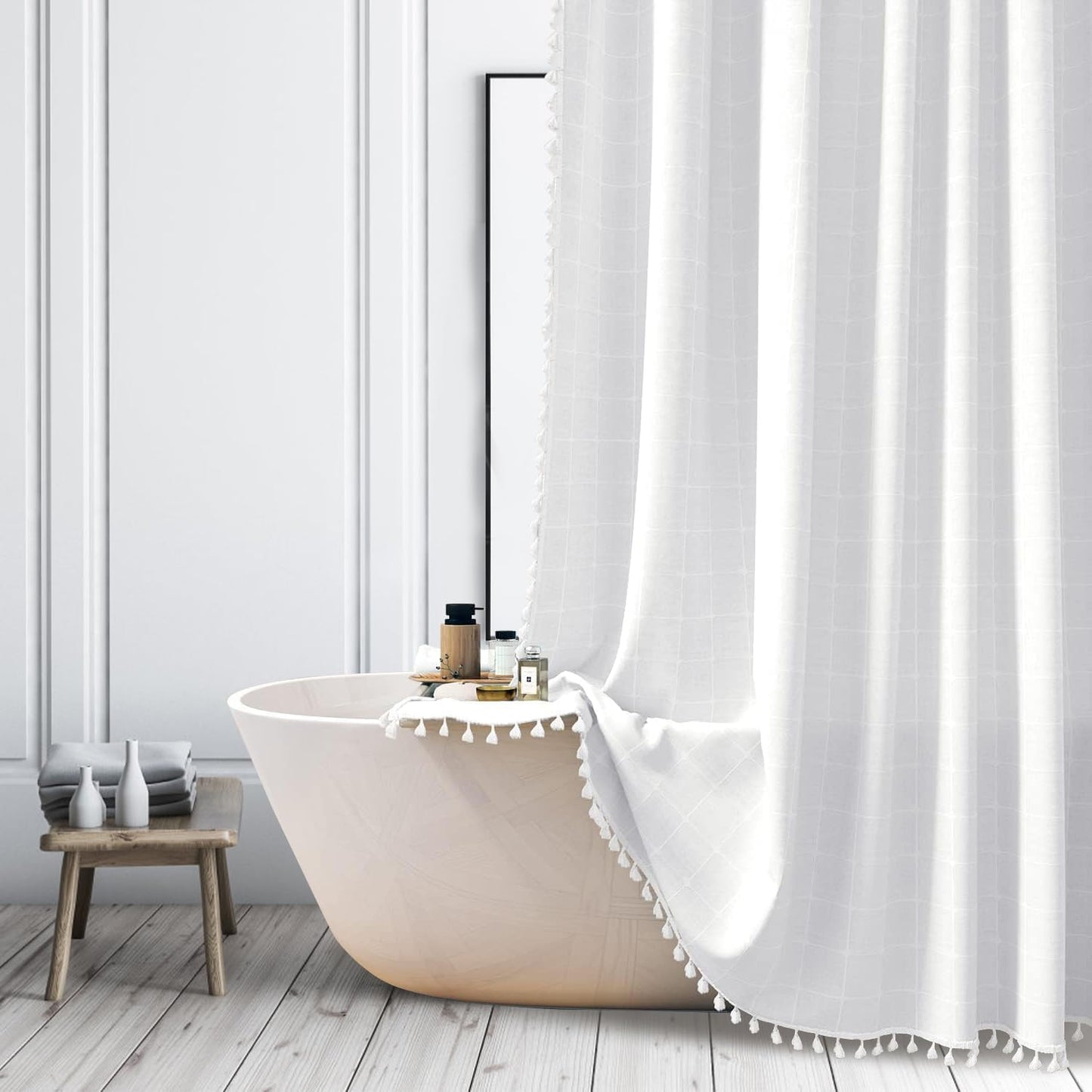 ggaimwf Farmhouse Boho White Shower Curtain Modern Linen Fabric Shower Curtains Tall Country Neutral Thick Bathroom Curtain Set with Tassels Bohemian
