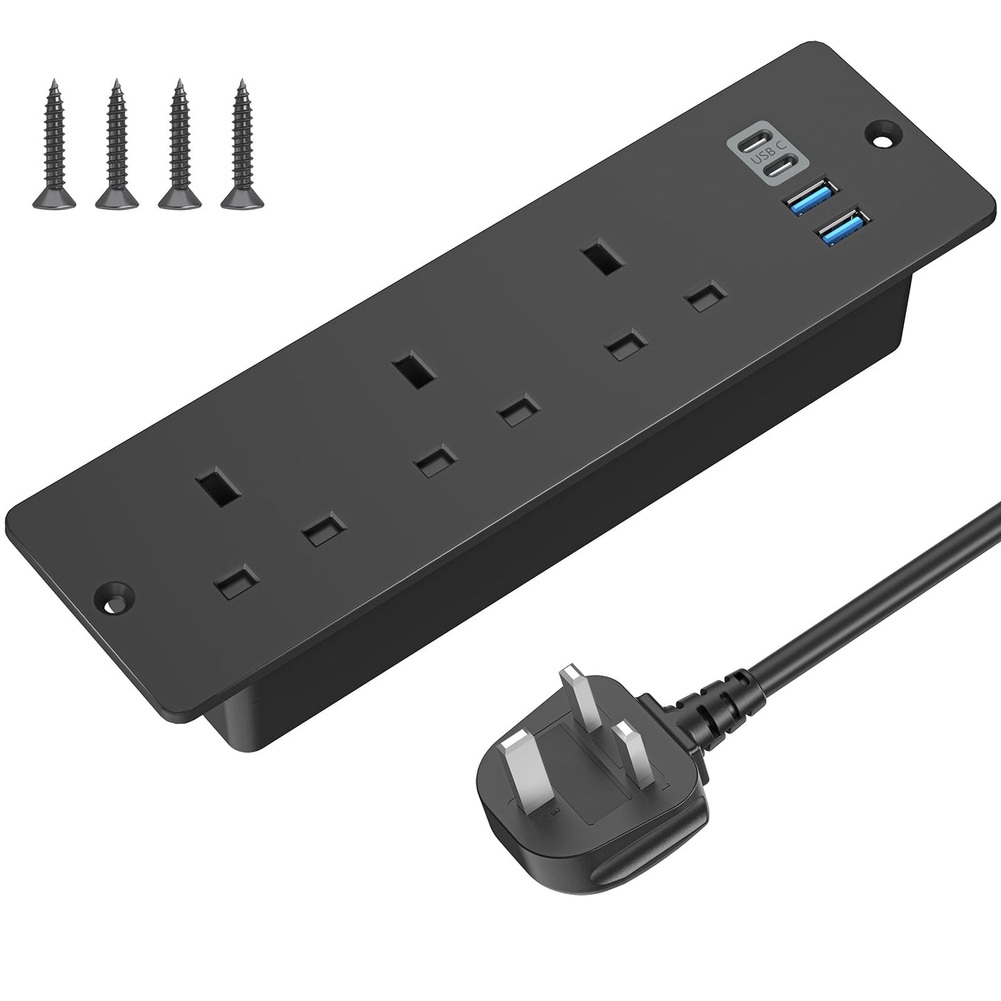 Recessed Power Socket with USB C, ANVODE Hidden Desk Power Sockets with 2 USB A, 2 USB-C Ports, 2M Power Extension Lead with 3 Outlets, Hidden in the