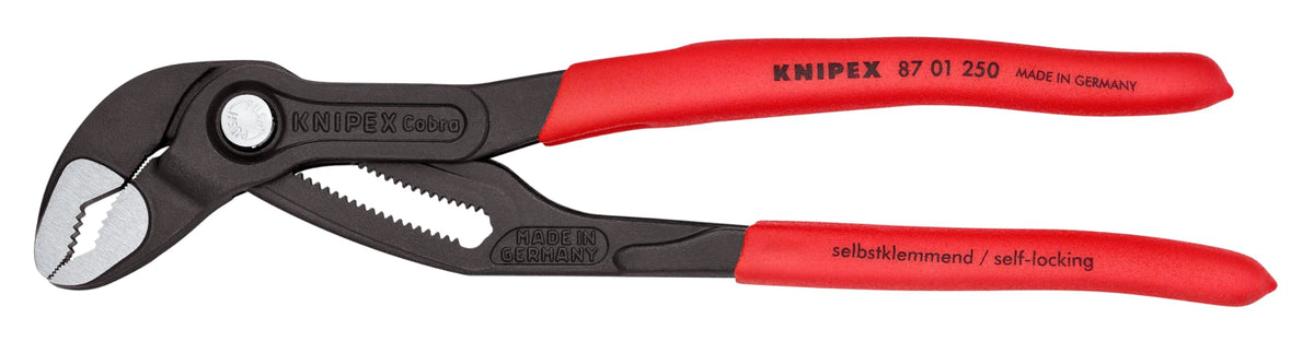KNIPEX Cobra Water Pump Pliers, 250 mm, Nuts to 46 mm, Pipes to 50 mm, Self-Locking, Fine Adjustment by Button Push, Pipe Wrench, 87 01 250