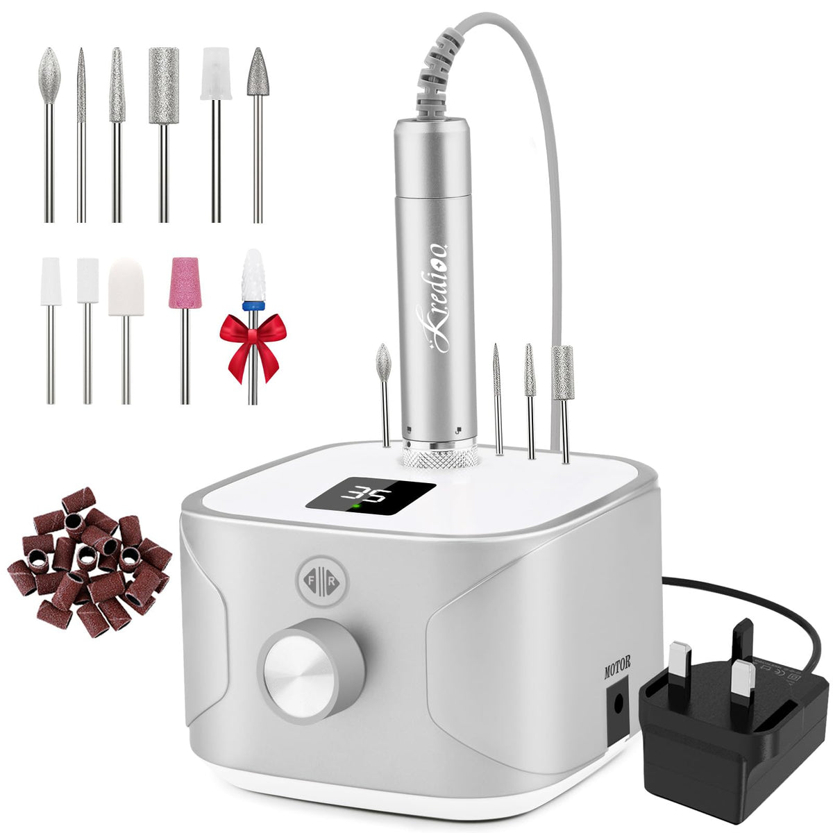 Kredioo Nail Drill 35,000RPM, Electric Nail File for Acrylic and Gel Nails, Professional Nail Drill Machine, Manicure Pedicure Kit with 11 Bits, LCD