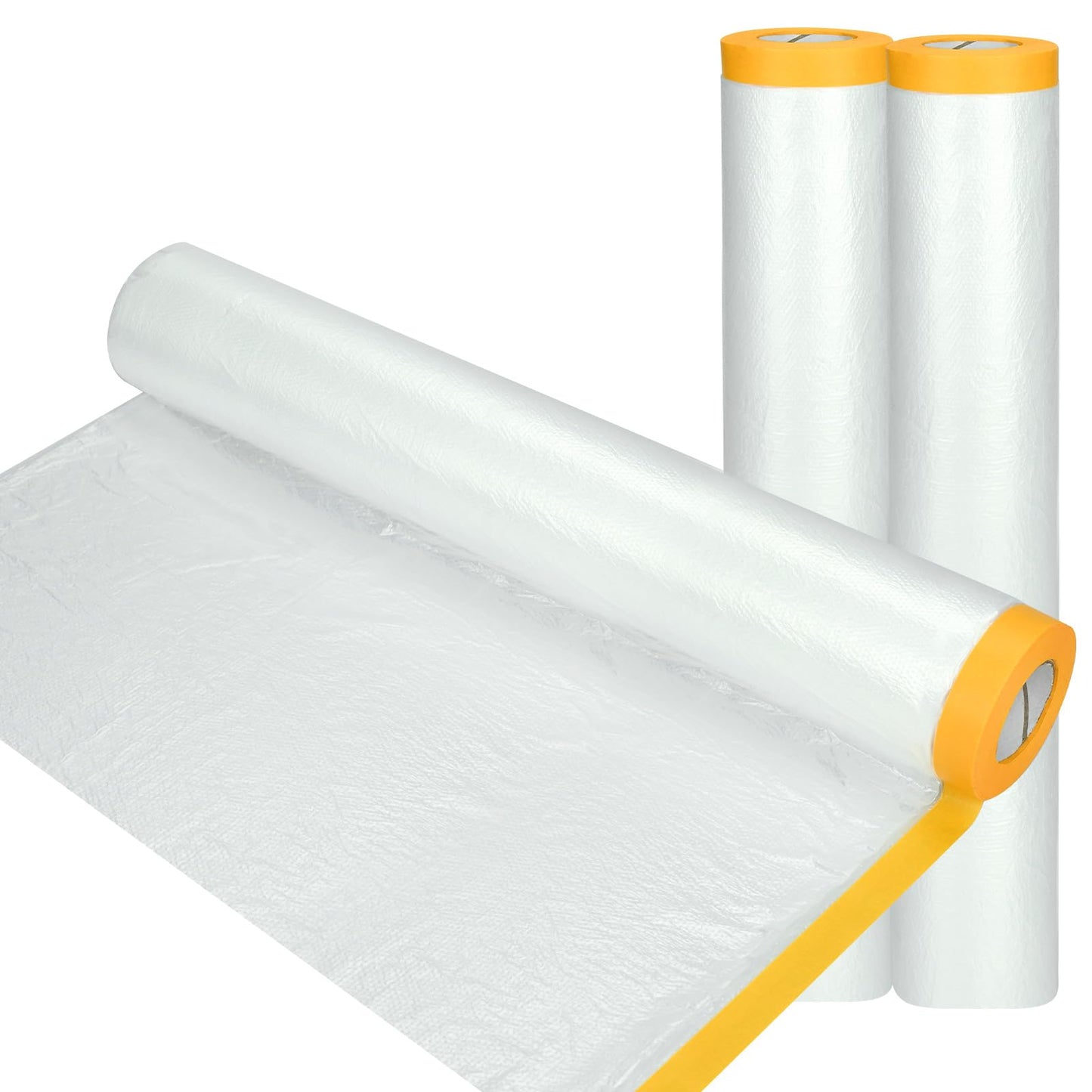 3 Rolls 4M x 20M Plastic Dust Sheet for Decorating, Self-Adhesive Painting Drop Film, Waterproof & Tear Resistant Polythene Sheeting, Transparent
