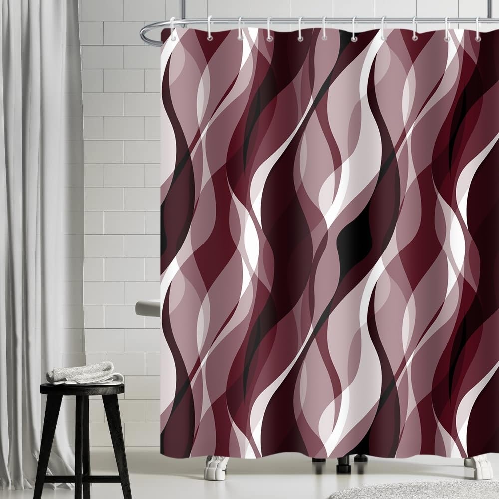 Uiiooazy Red Shower Curtain, Abstract Striped Geometric Lines Bath Curtain Anti-Mould Waterproof Polyester Fabric Bathroom Curtain with 12 Hooks 180 x