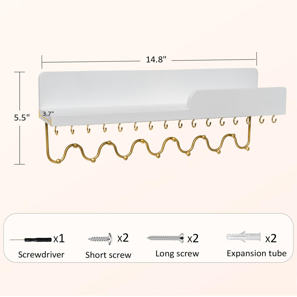 Lampaggio 29 Hooks Wall Mount Necklace Holder Organizer, White Decorative Wood Jewelry Shelf with Gold Metal Wave Bar and Guardrail for Necklace