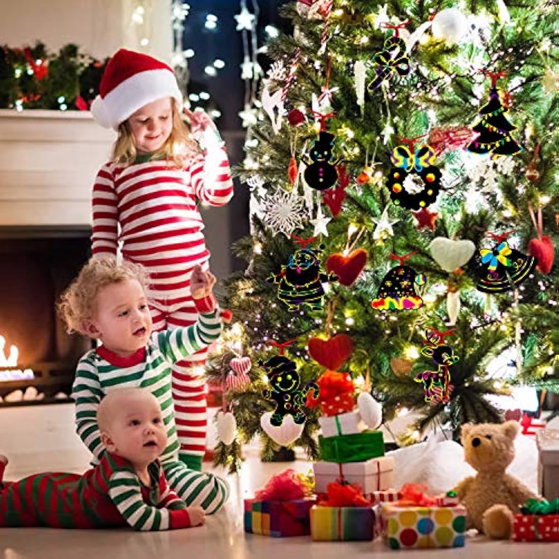 VEYLIN 48 Pieces Christmas Scratch Art Hanging Decorations, Christmas Scratch Papers with 48 Pieces Ribbons for Kids Party Bag Fillers