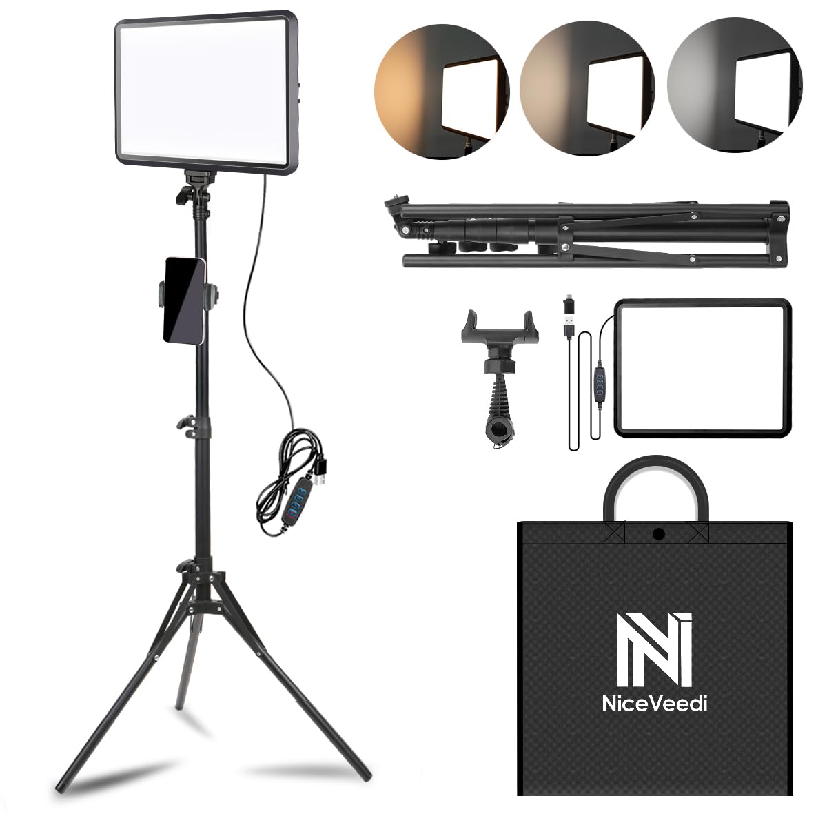 NiceVeedi Photography Lighting Kit, 25 * 20CM Dimmable 15W LED Studio Video Light, Stream Selfie Light for Recording/Game Streaming/Camera Portrait,
