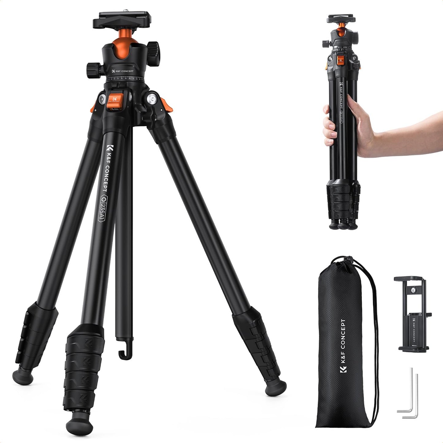 K&F CONCEPT 64"/163cm Compact Camera Tripod, Lightweight Travel Tripod for DSLR Camera and Phone, Video Tripod Stand with Phone Clip, Bluetooth,