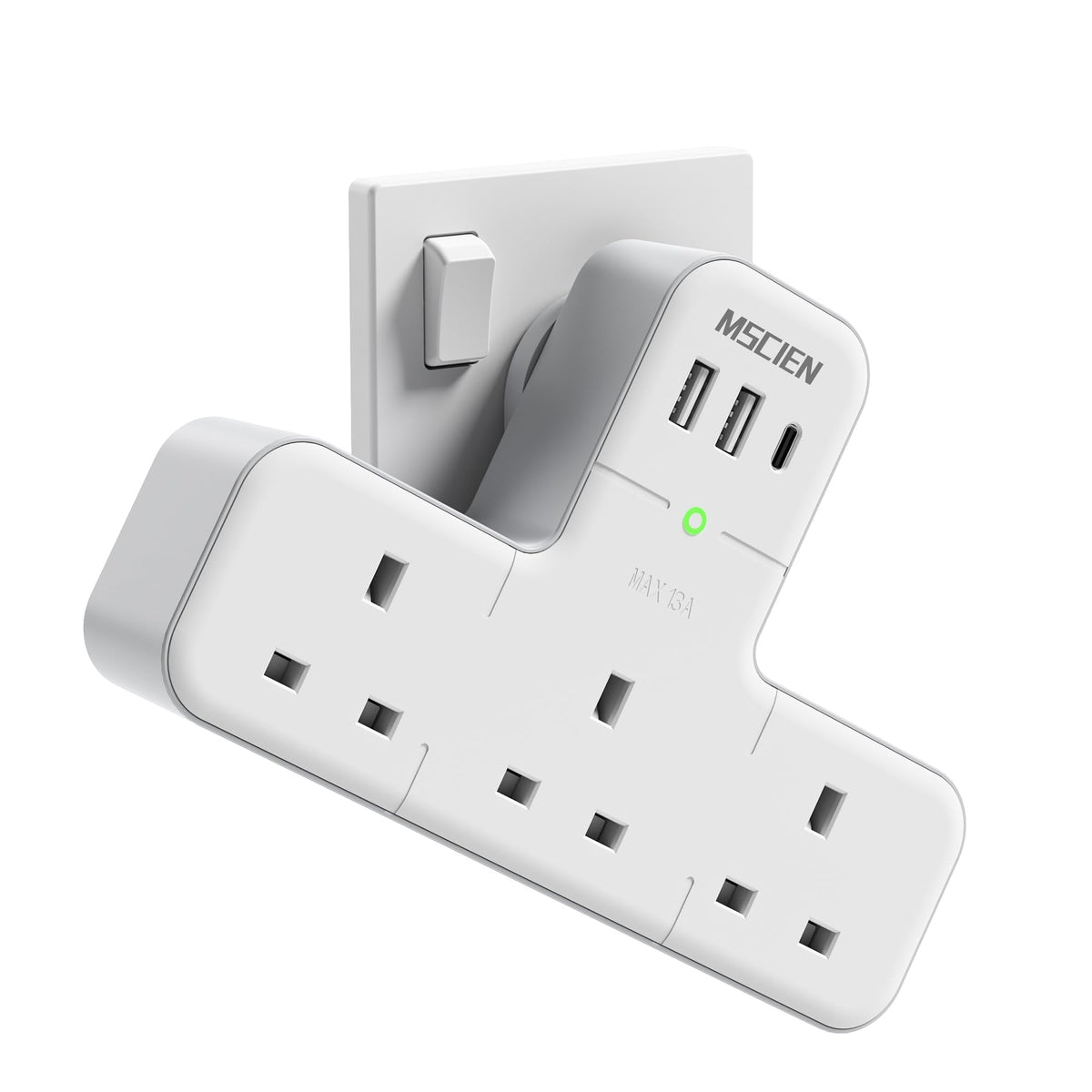 Mscien Multi Plug Adaptor, 6 in 1 Plug Extension Socket 3 Way 3 USB(3.4A,1 Type-C), Wall Socket UK Power Strip with 315 Degree Rotation, Plug Adapter