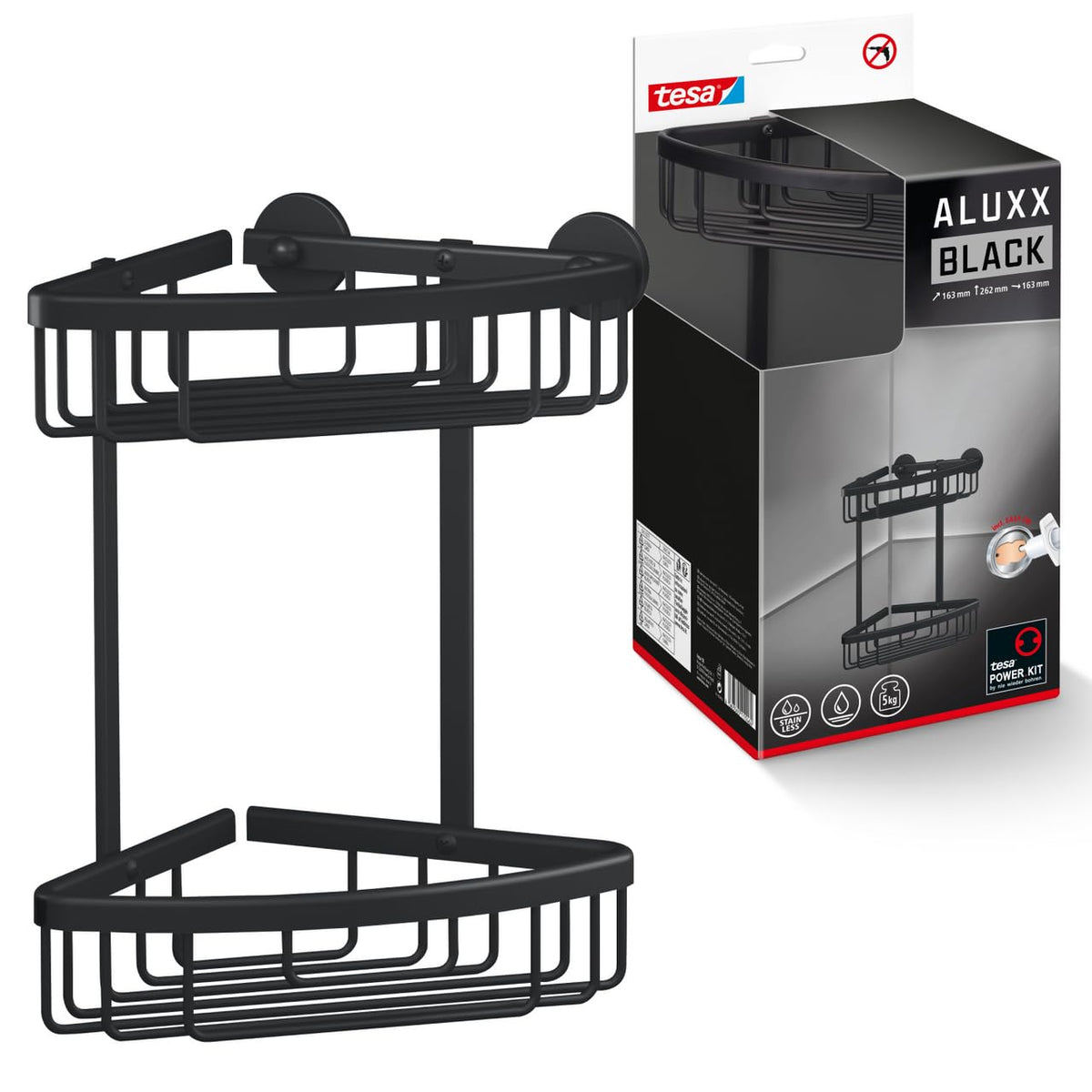 tesa ALUXX BLACK Wall Mounted Corner Shower Basket, Matt Black - Two levels - Suits industrial style and modern bathrooms - Drill-free, with