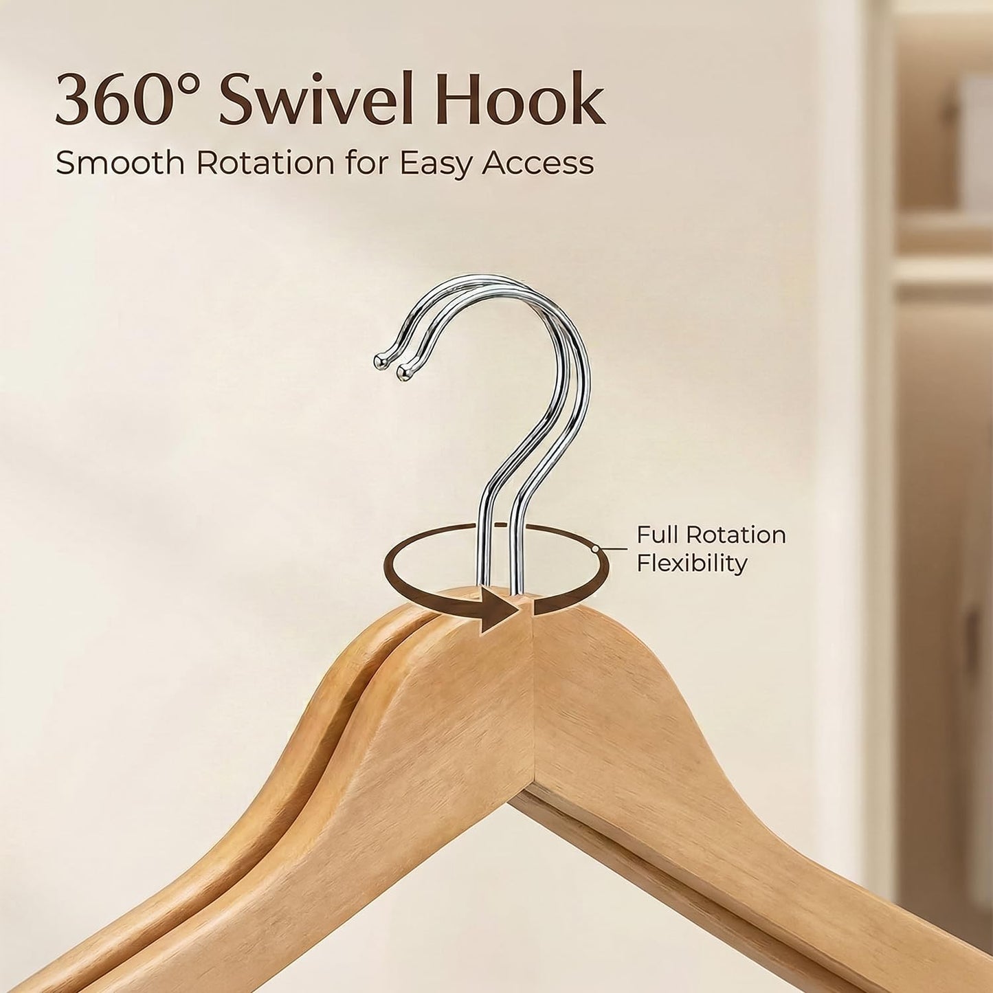 DrySmart 40 Pack Wooden Coat Hangers with 360° Swivel Hook, Round Trouser Bar & Shoulder Notches – Durable Space-Saving Closet Hangers for Men & Women