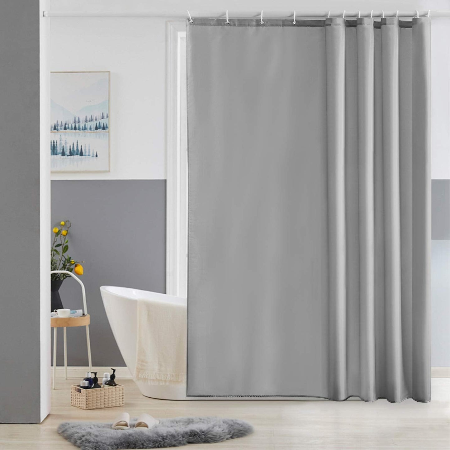 Furlinic Shower Curtains Extra Large Bathroom Waterproof Fabric Washable Liner Mould Proof Sets With 12 Plastic Rings 72" x 72" Grey.