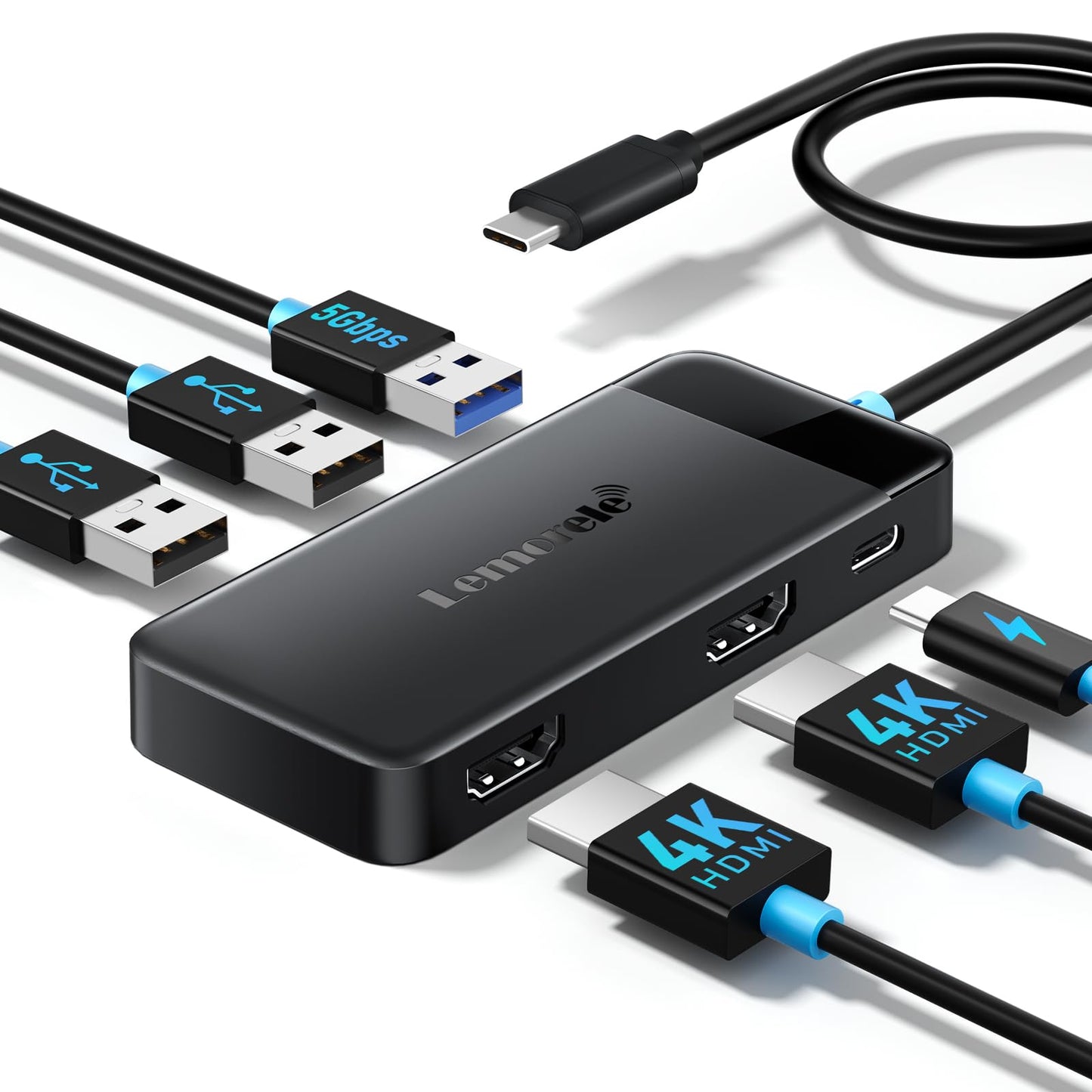 Lemorele Docking Station Dual Monitor - 6 in 1 USB C Hub 2*HDMI Adapter 4K, 3 USB 3.0/2.0, PD 100W Plug and Play for Dell/HP/MacBook/Surface Laptop